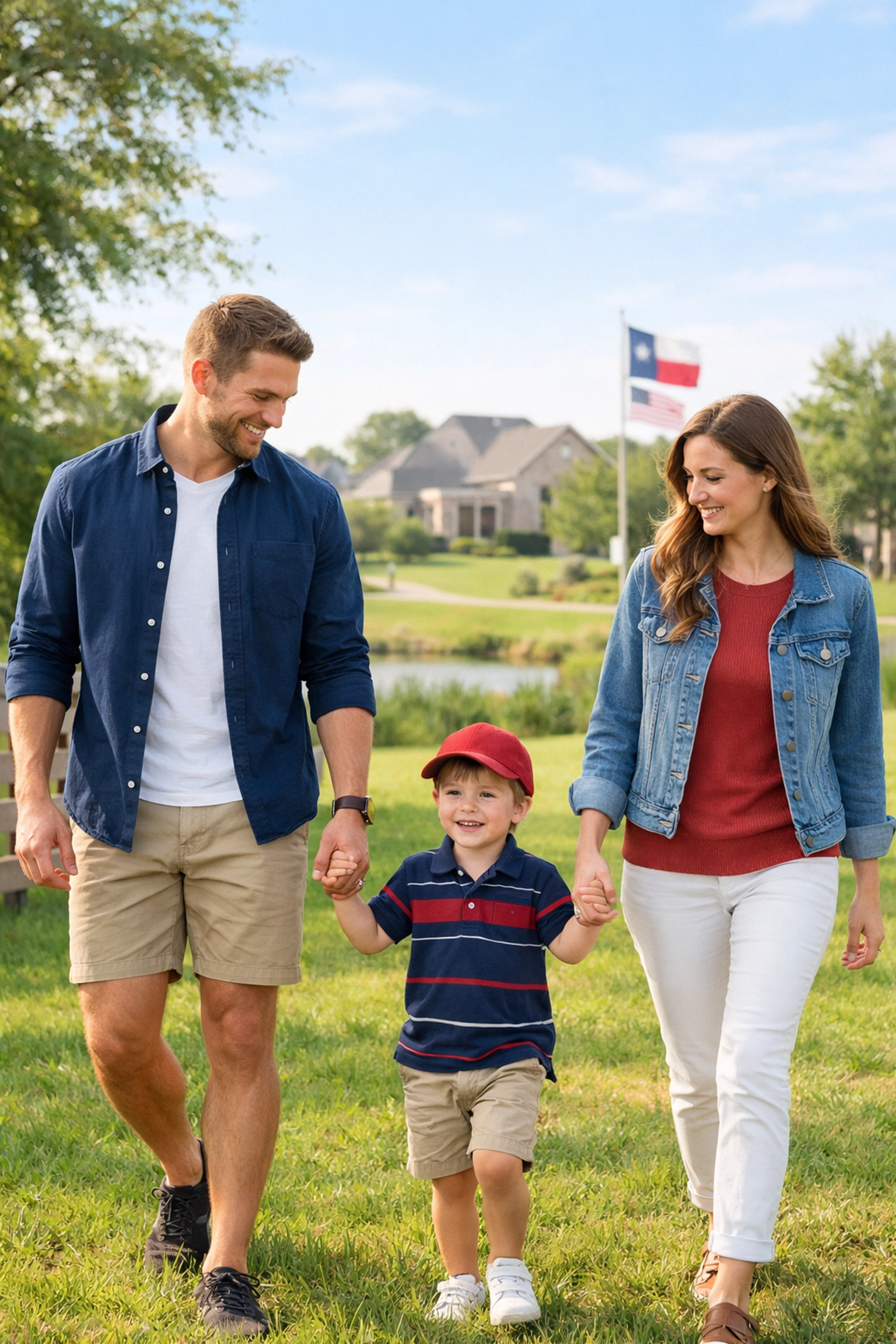 Happy Texas family walking in a park, representing a bright financial future and the Texas Dream.