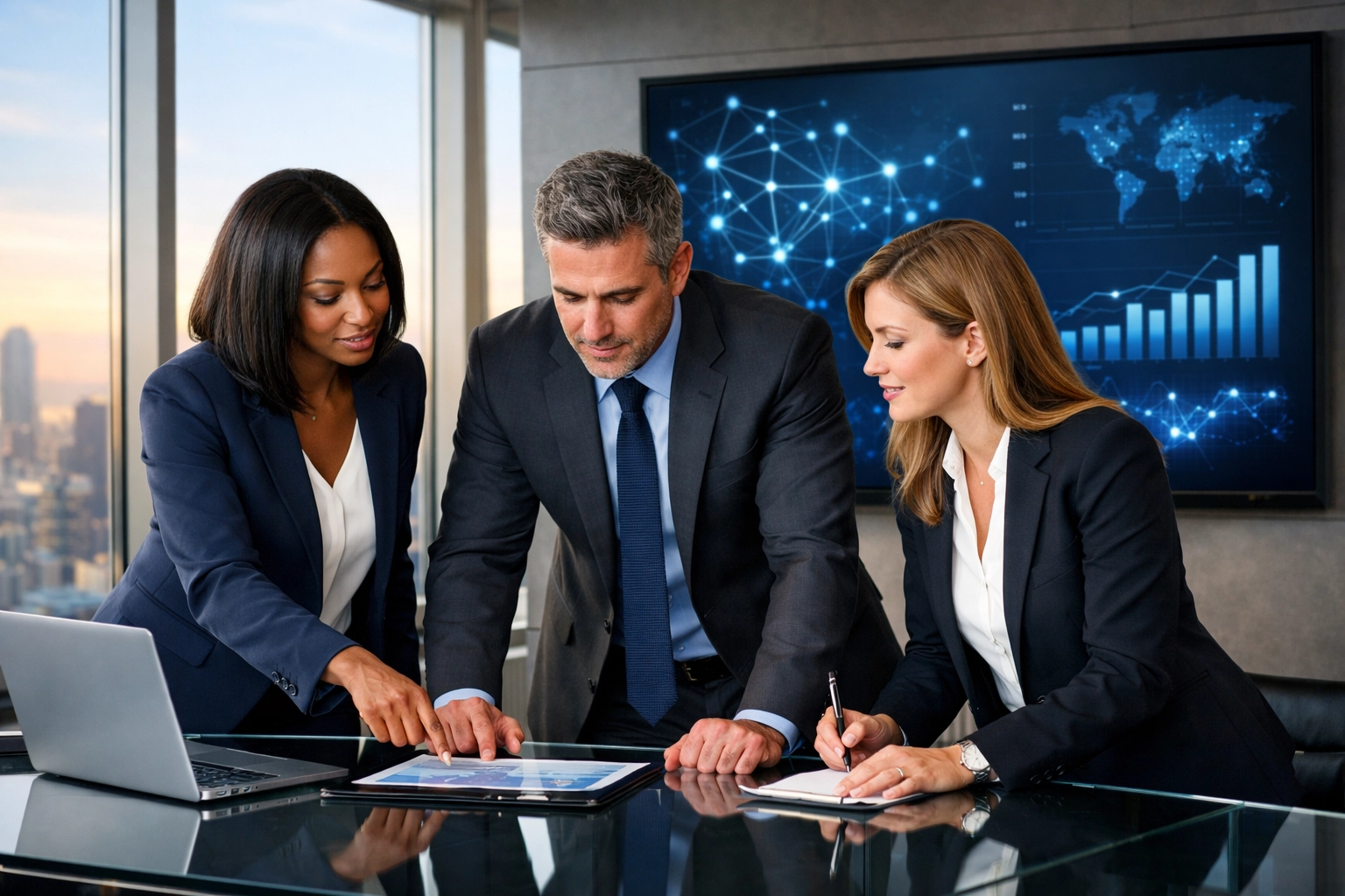 Dakdan Worldwide strategic consultants analyzing data visualizations for multi-sector business growth.