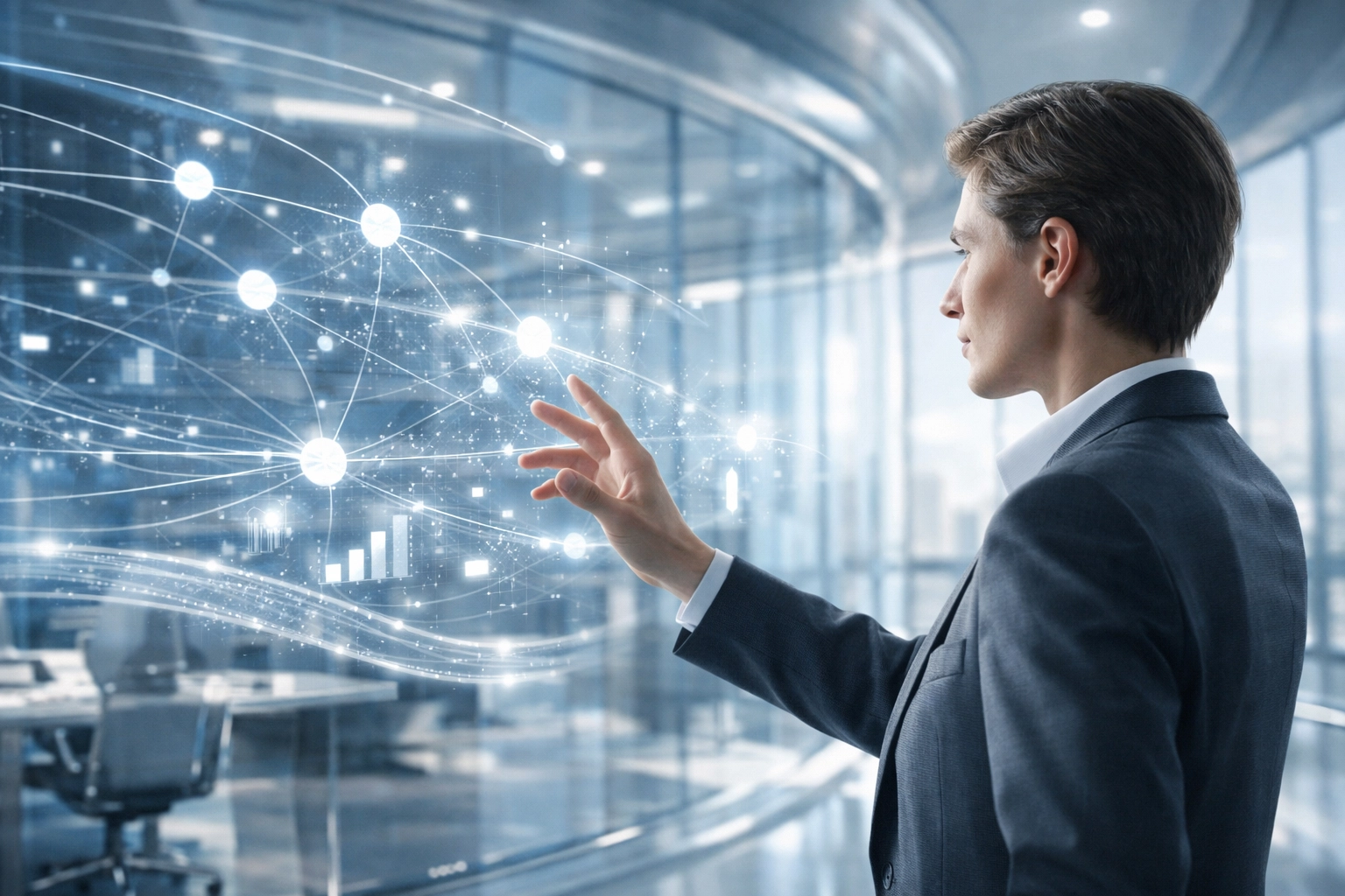 Mitarbeiter steuert als KI-Manager digitale Prozesse für einen effizienten Kundenservice mit KI.