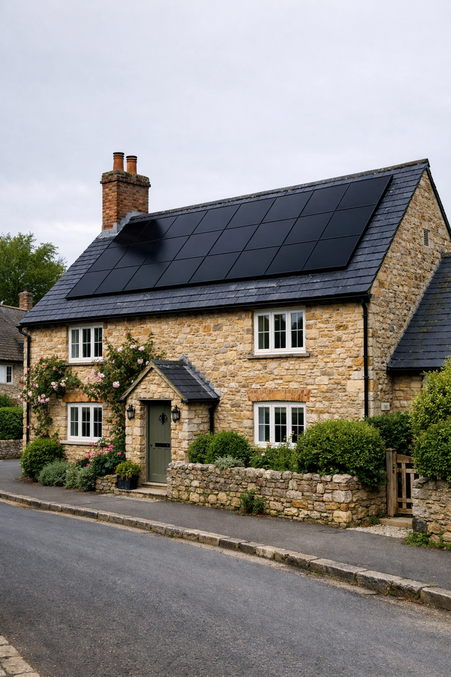 Professional solar panel installation on a traditional Dorset stone cottage roof in Dorchester.