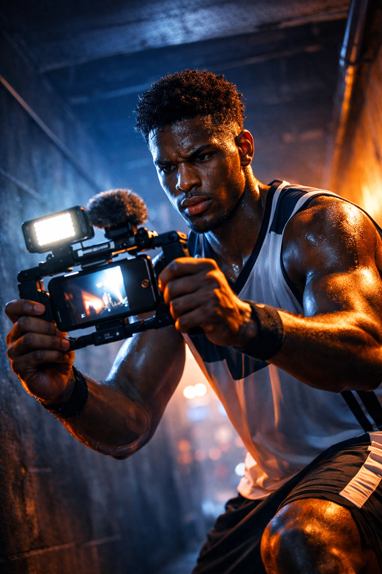 College athlete recording authentic NIL social media content in a high-performance stadium setting.