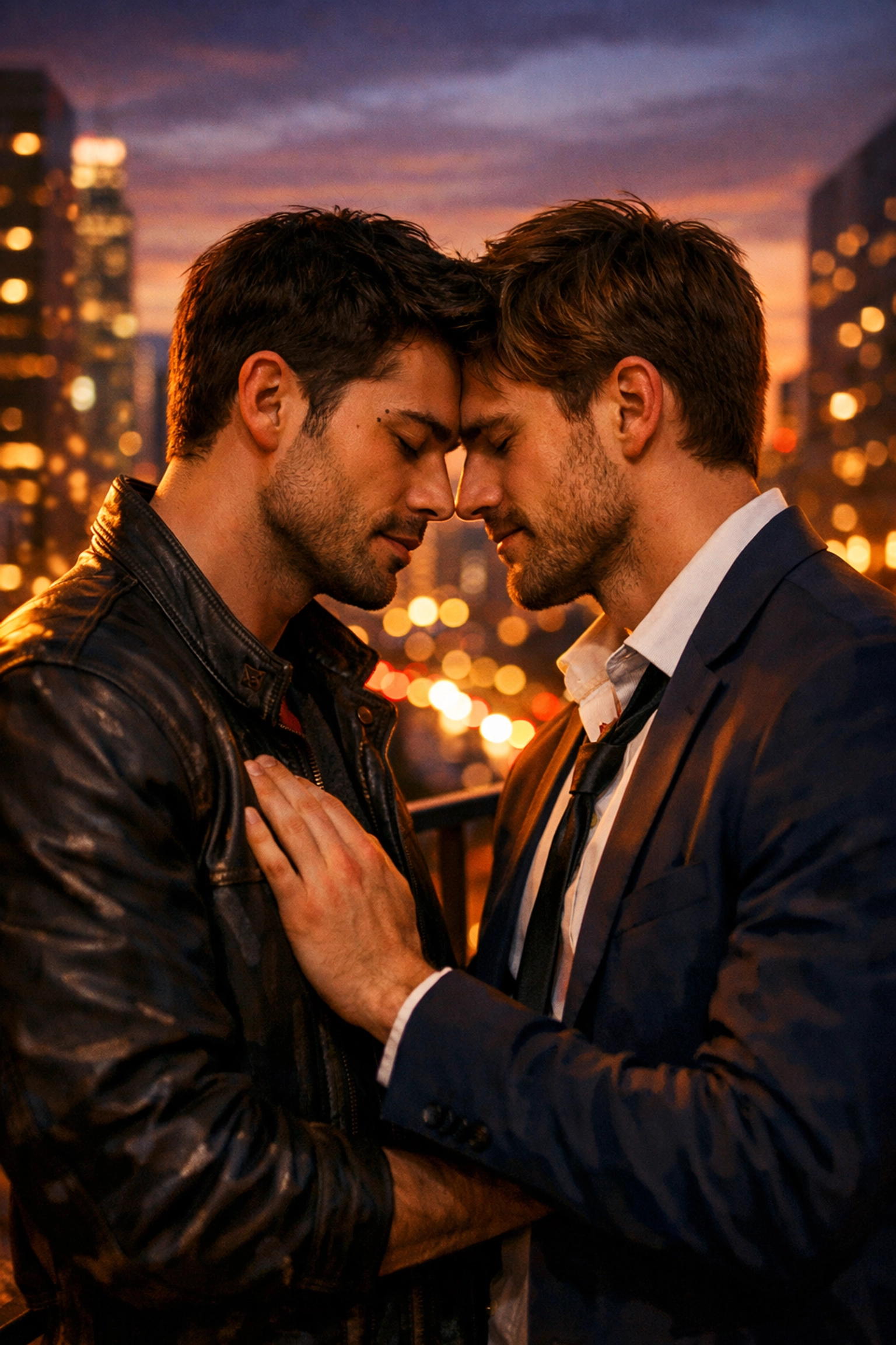 Romantic scene from a popular MM romance book showing two men together on a city balcony at sunset.