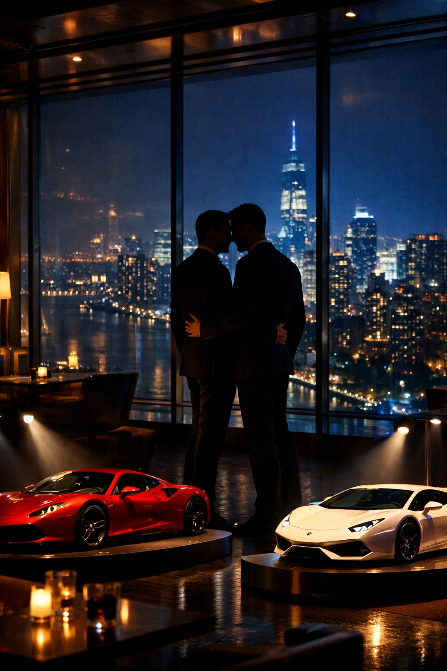 Two men share romantic moment overlooking city at private supercar collection
