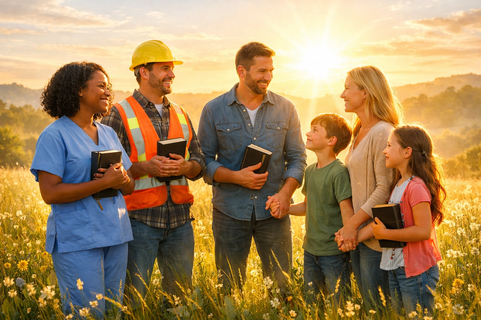 Diverse believers representing the Body of Christ gathering in a sunny meadow at sunrise.