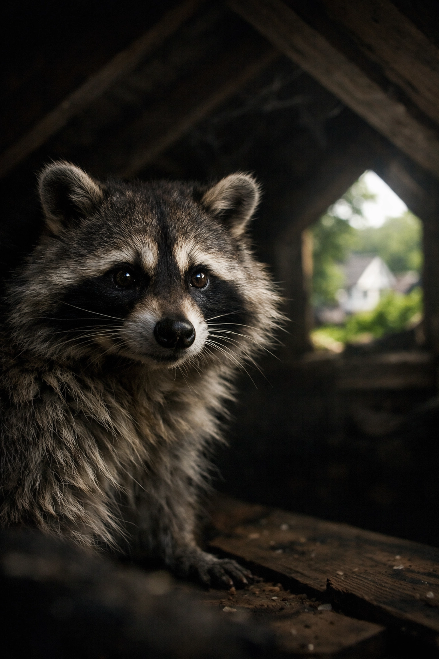 Humane wildlife removal in Westchester: A raccoon in a dark attic near a structural entry point.