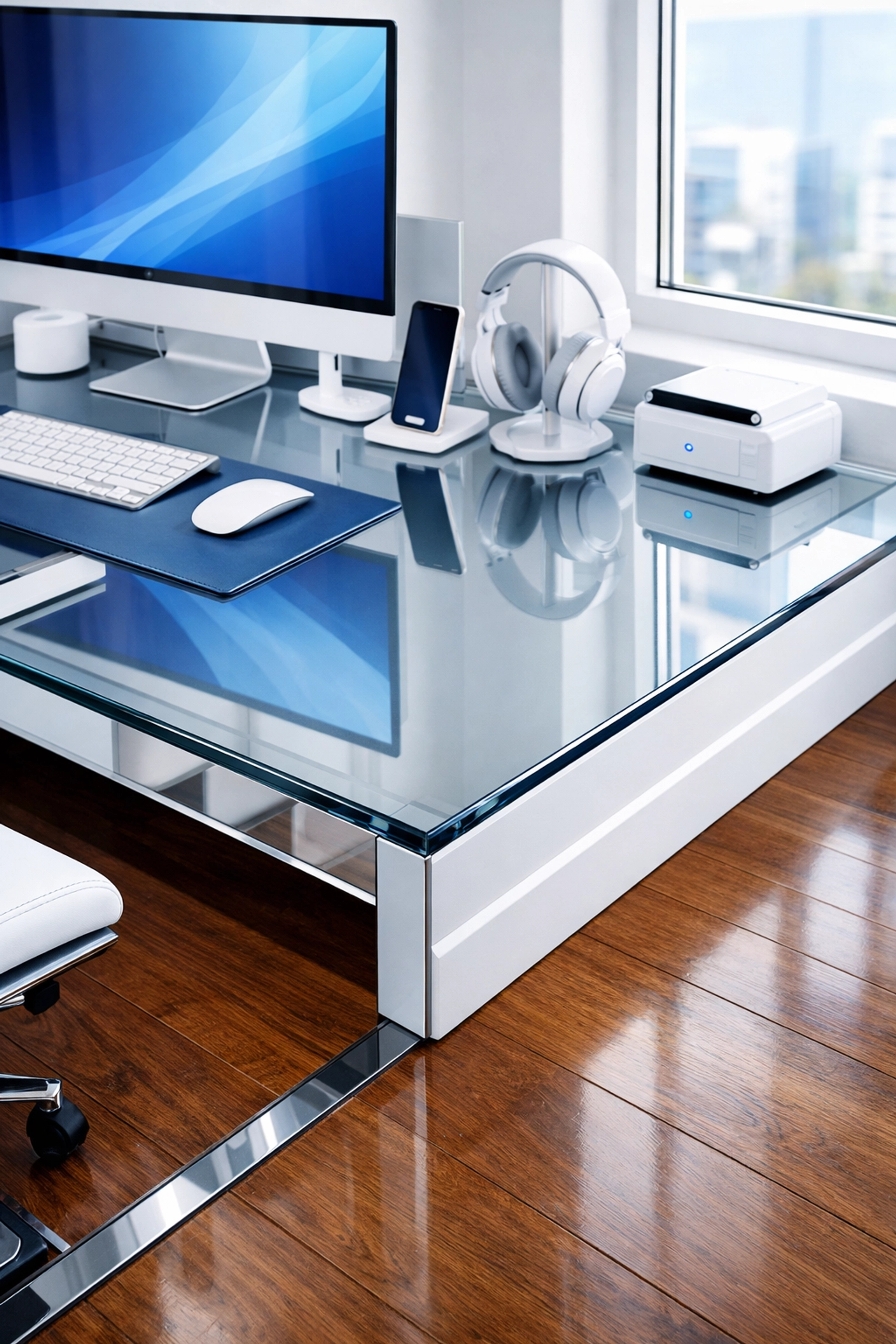 Detailed commercial cleaning of a dust-free office corner and glass desk in Marlborough.