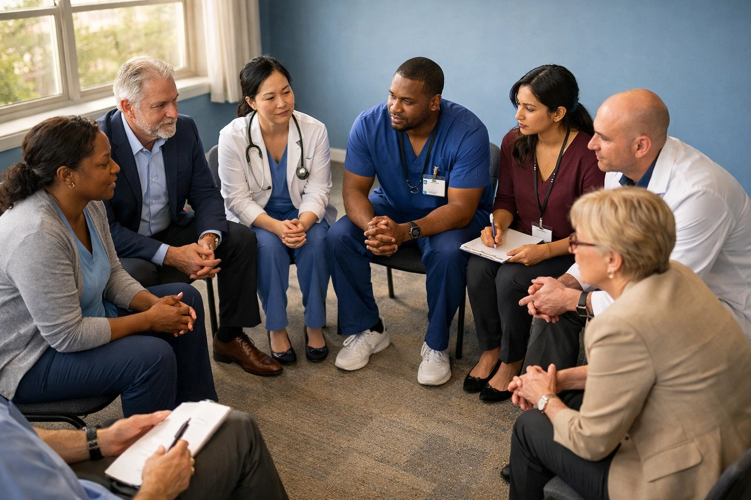 Healthcare leaders in supportive team meeting discussing resilience strategies