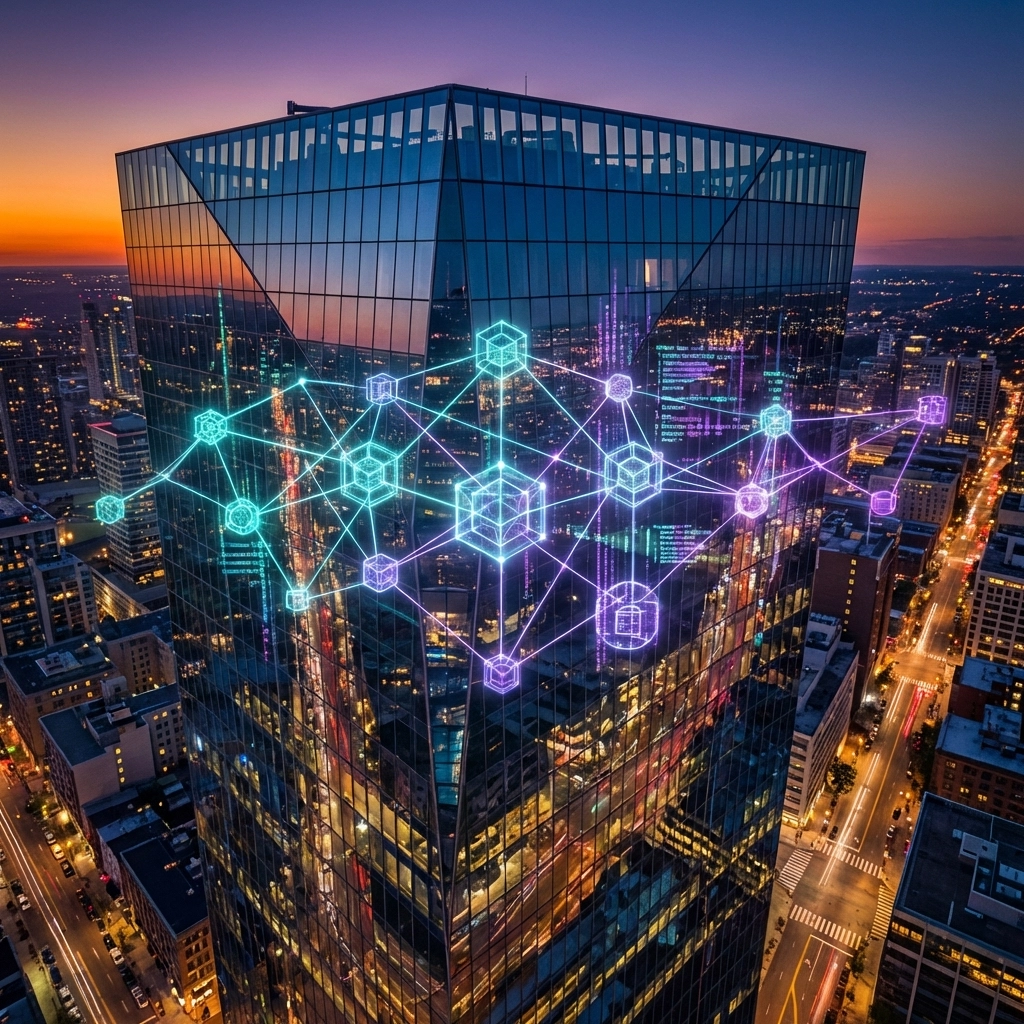 Glass skyscraper at dusk with a digital blockchain overlay, illustrating the convergence of crypto and real estate investment strategies.