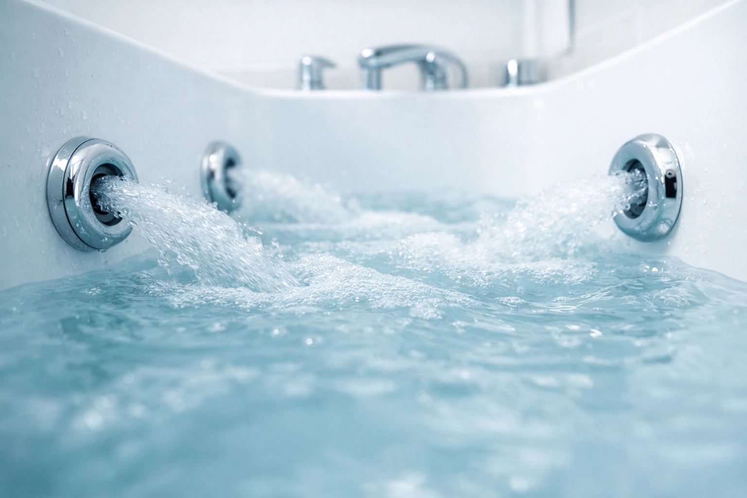 Hydrotherapy jets in action inside premium acrylic walk-in tub with therapeutic water streams
