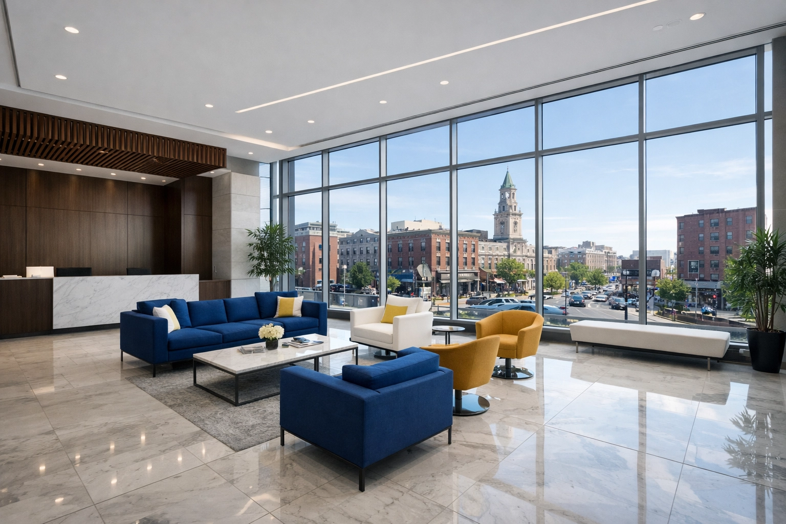 Pristine modern commercial lobby in Lynn, MA with polished marble floors and professional decor.