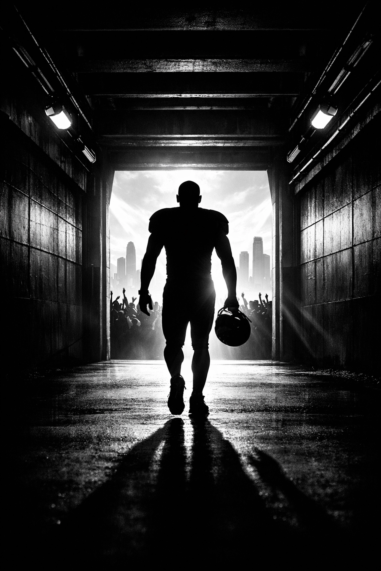 Athlete silhouette in a stadium tunnel symbolizing the transition to a successful legacy beyond the whistle.