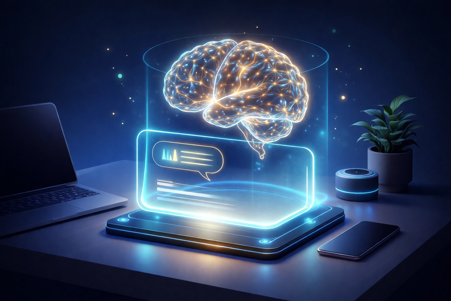 Illustration of an intelligent AI assistant in a modern workspace, representing AI agents for small business automation. Illustration of an intelligent AI assistant in a modern workspace, representing AI agents for small business automation.