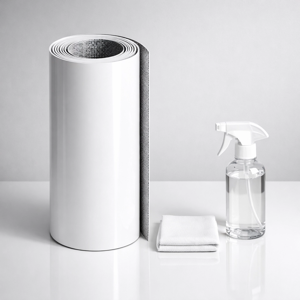 Rolled scrim banner next to cleaning supplies to show proper storage and maintenance techniques.