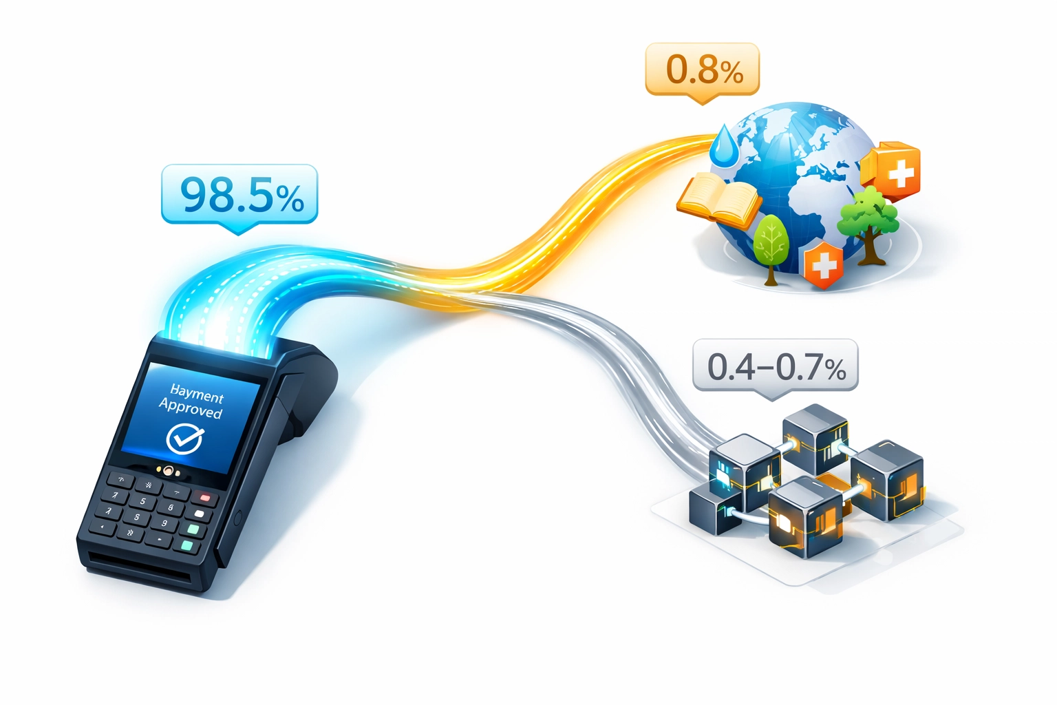 Larecoin transaction fee breakdown showing 98.5% to merchant, 0.8% to charity, and infrastructure costs