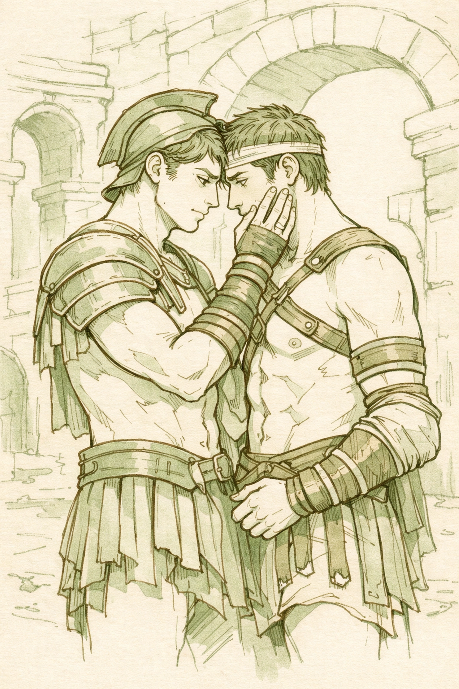 Roman gladiators in tender intimate moment from MM historical romance The Marble Heart