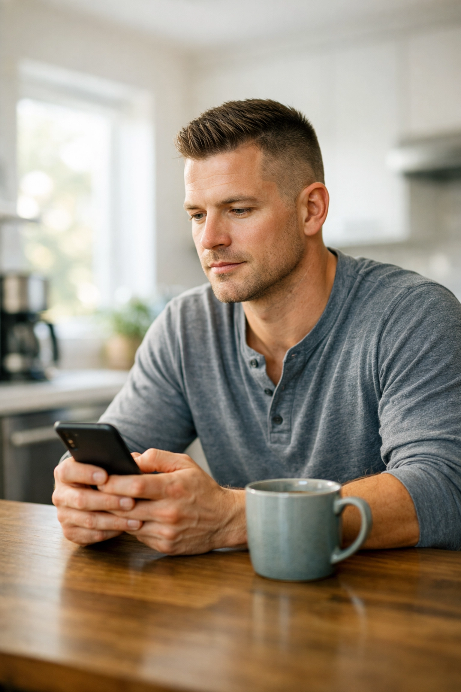 A man reading a daily CEO letter on his smartphone to stay informed on veteran initiatives and patriotic updates.