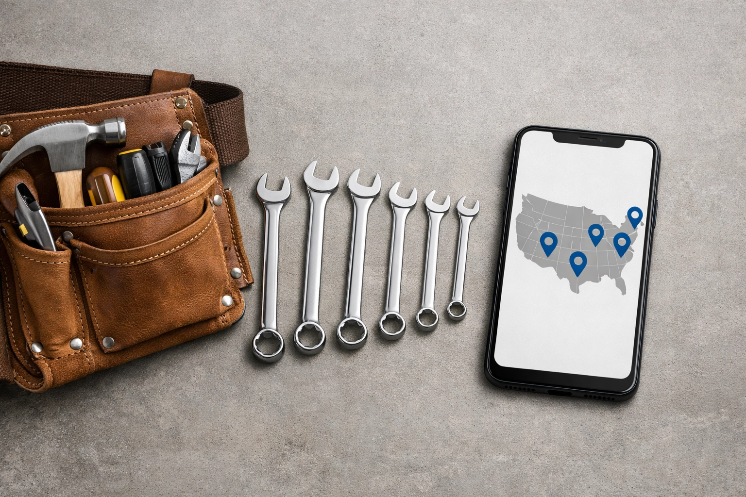 Tool belt and map with location pins representing multi-state financial services for skilled tradespeople.