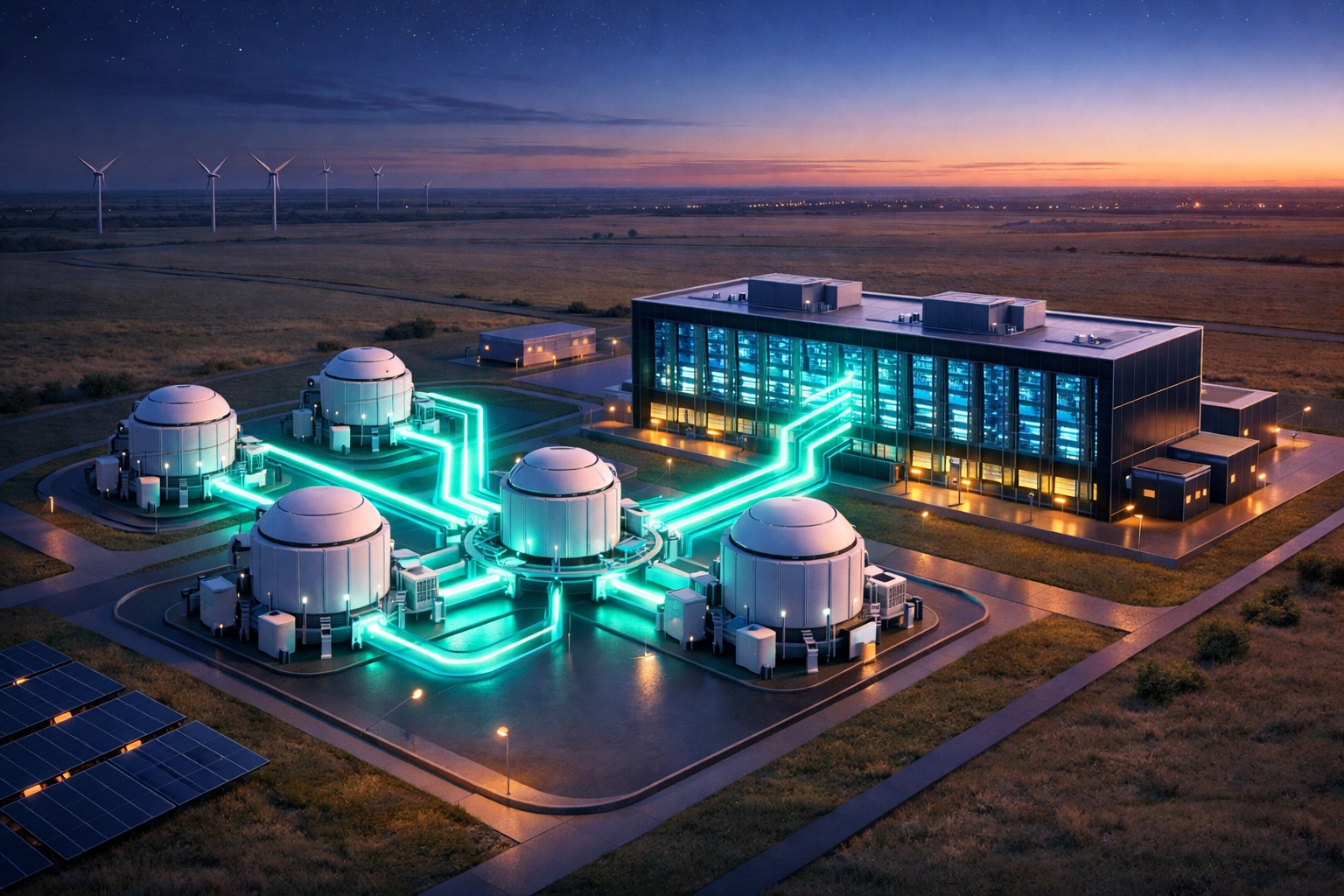 Futuristic data center powered by small modular reactors in the Texas landscape.
