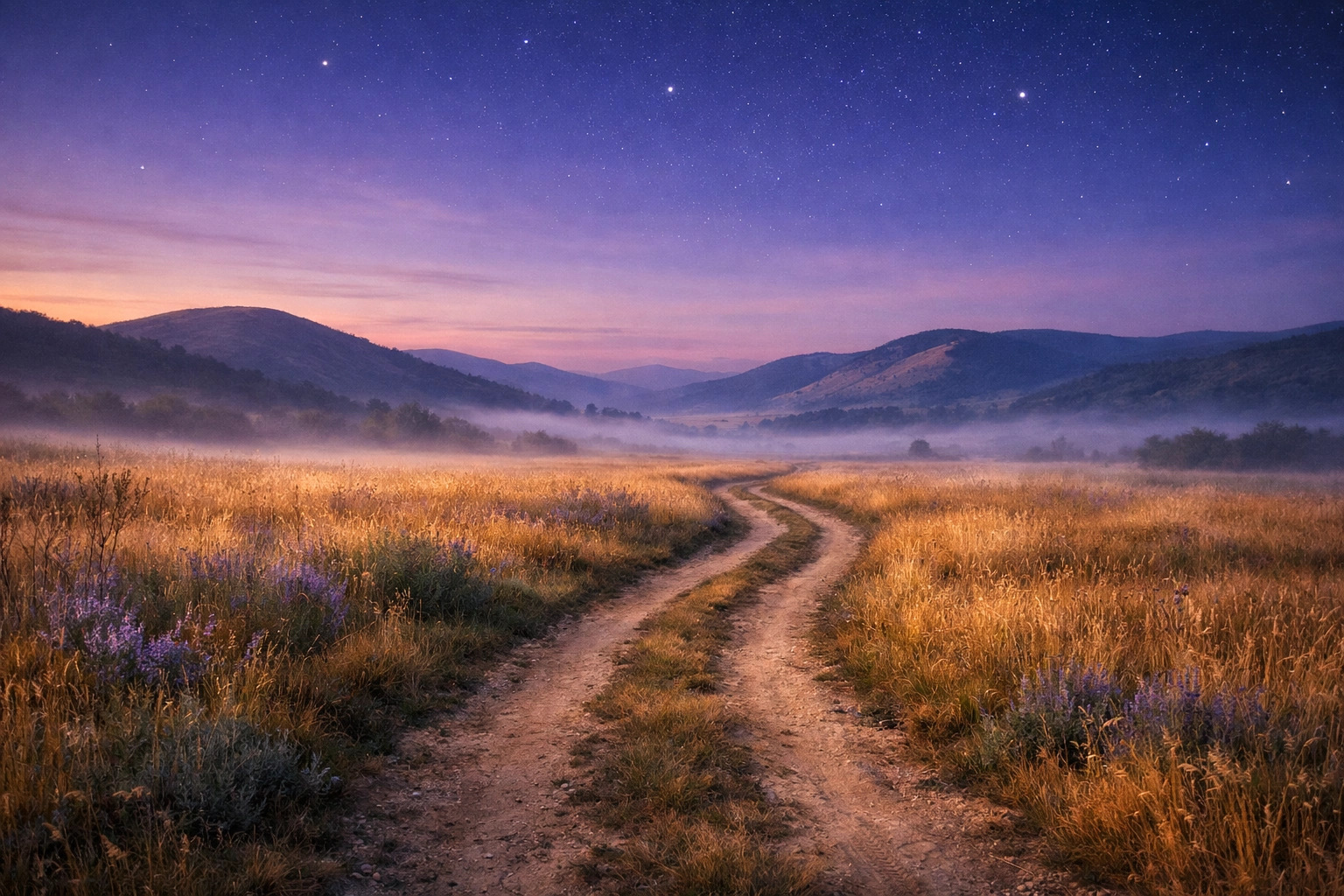 A winding path through a golden meadow at twilight, symbolizing a continuous healing journey and personal growth.