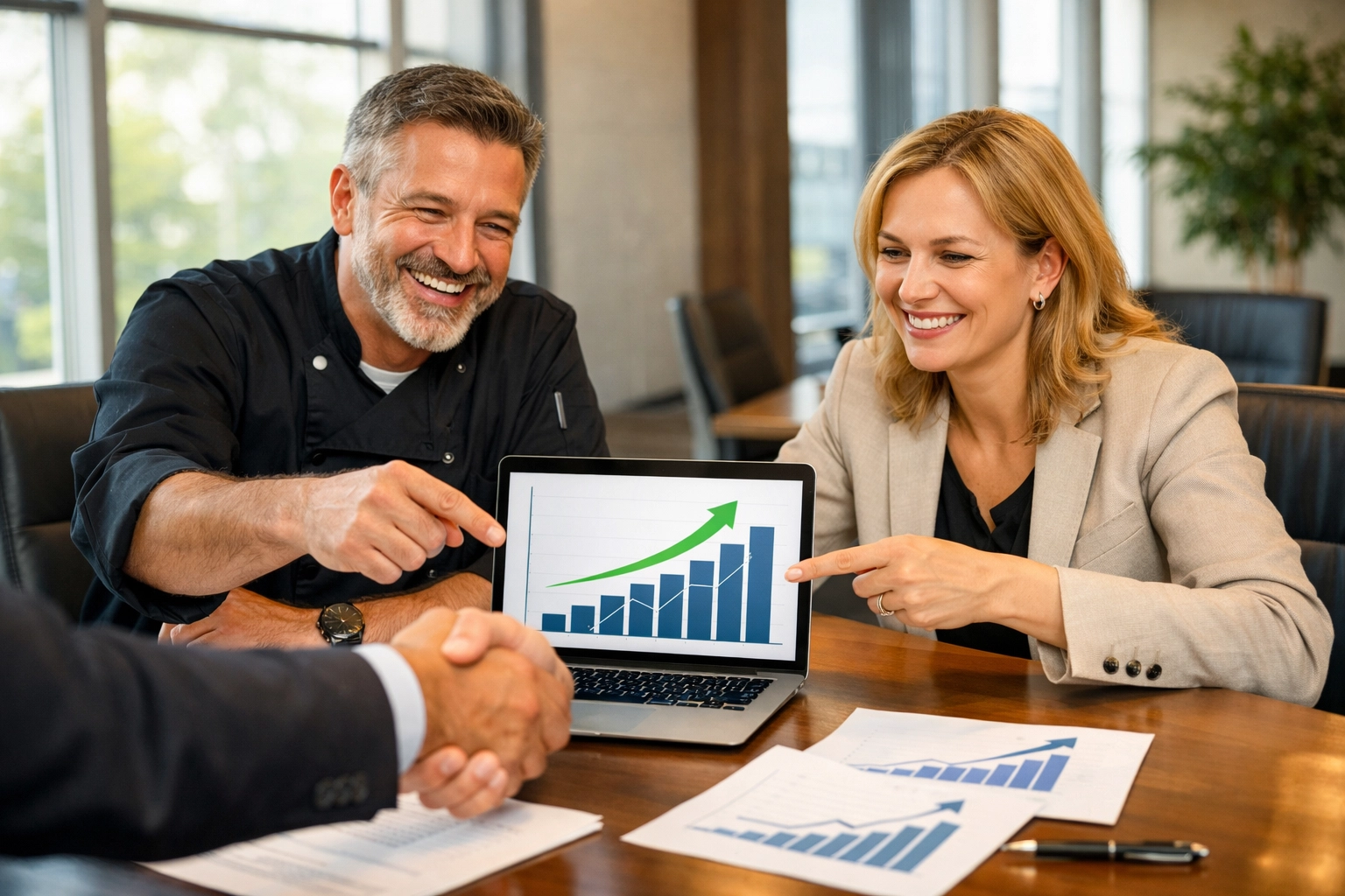 Restaurant owner and financial consultant reviewing growth strategies and profit improvement plans