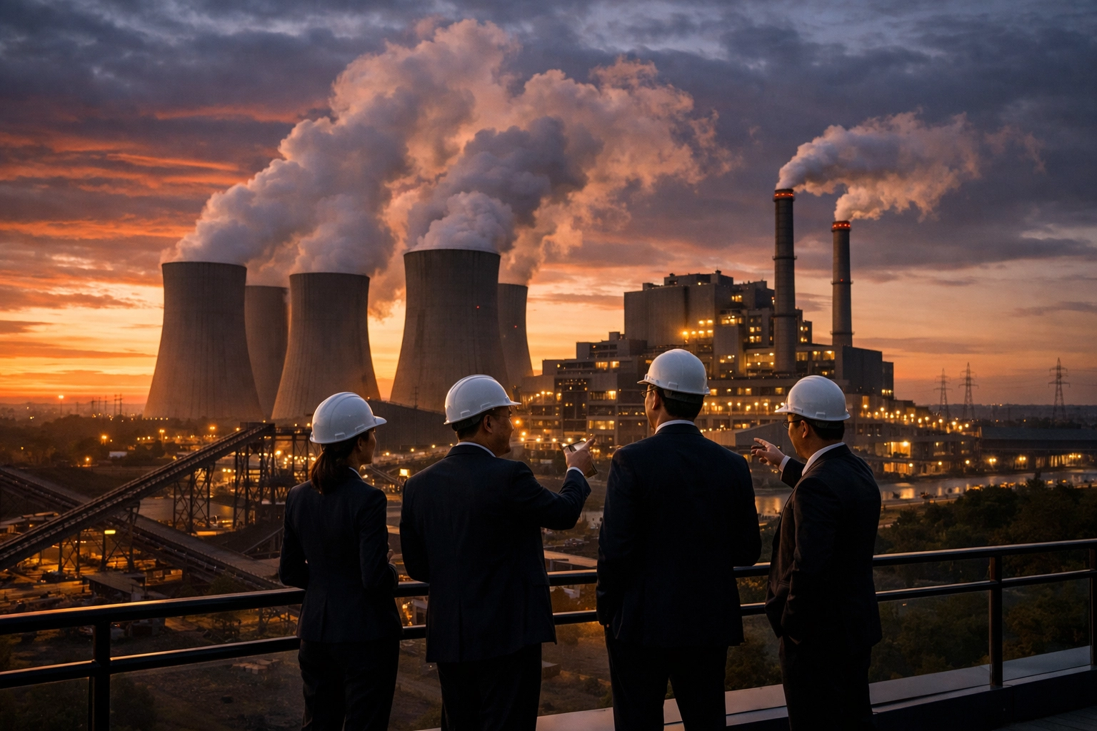 Coal events 2026 power plant with business professionals reviewing energy infrastructure at sunset