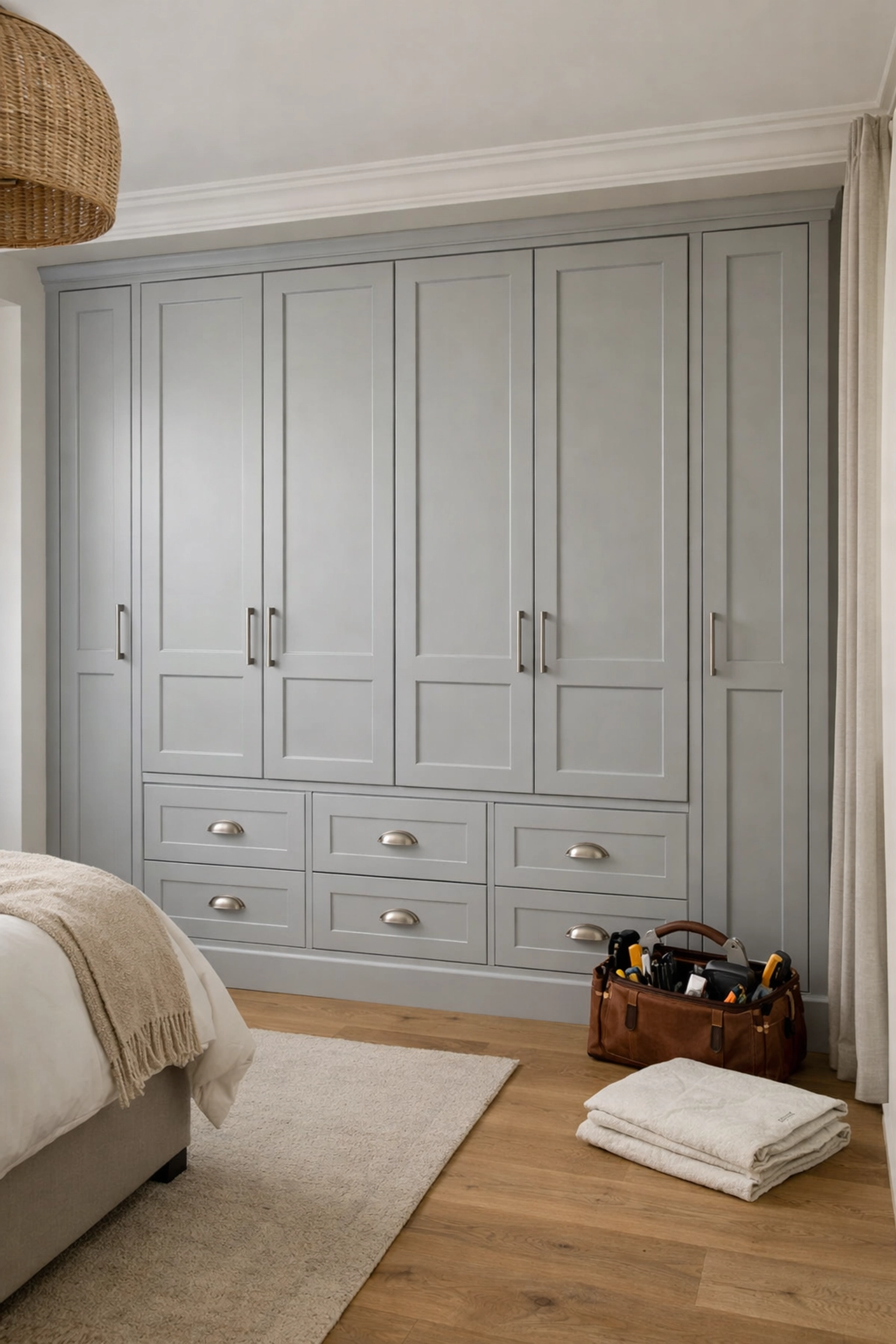 Custom shaker-style wardrobes installed in a bedroom, highlighting quality workmanship and a tidy workspace.
