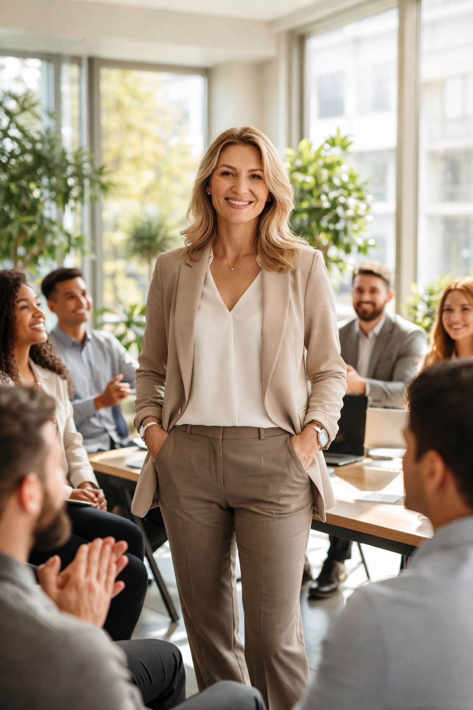 Leader inspiring a team in a bright workspace, representing the power of human-centered, faith-driven leadership.