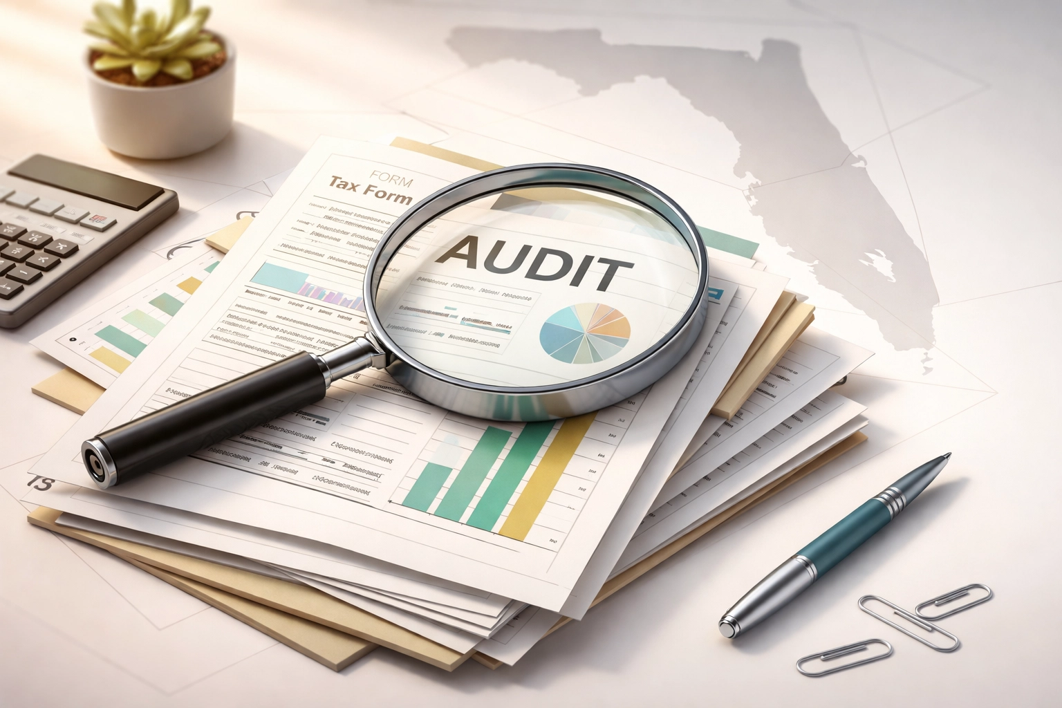 Close-up of Florida tax documents and financial paperwork under a magnifying glass, representing domicile audit proof.