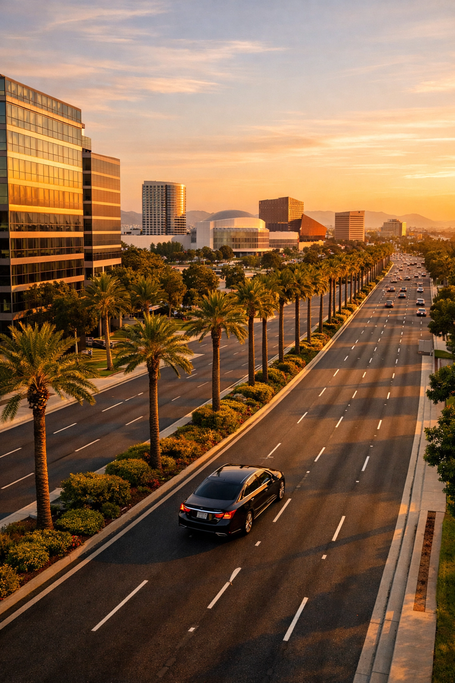Executive car service traveling MacArthur Boulevard in Costa Mesa toward South Coast Metro