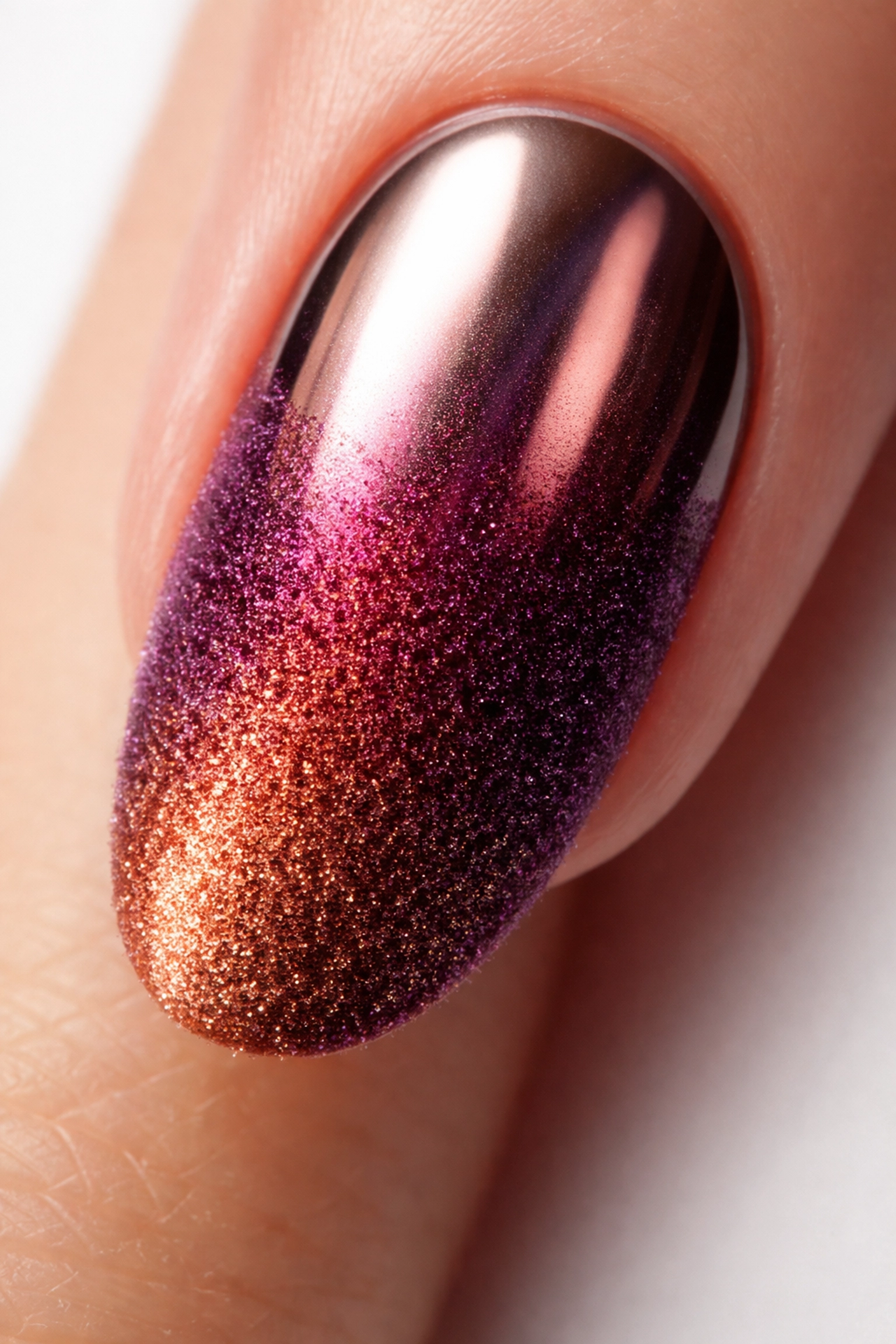 Macro photo of a nail with ombré chrome-to-velvet design in plum and copper, highlighting expert Norwood nail techniques.