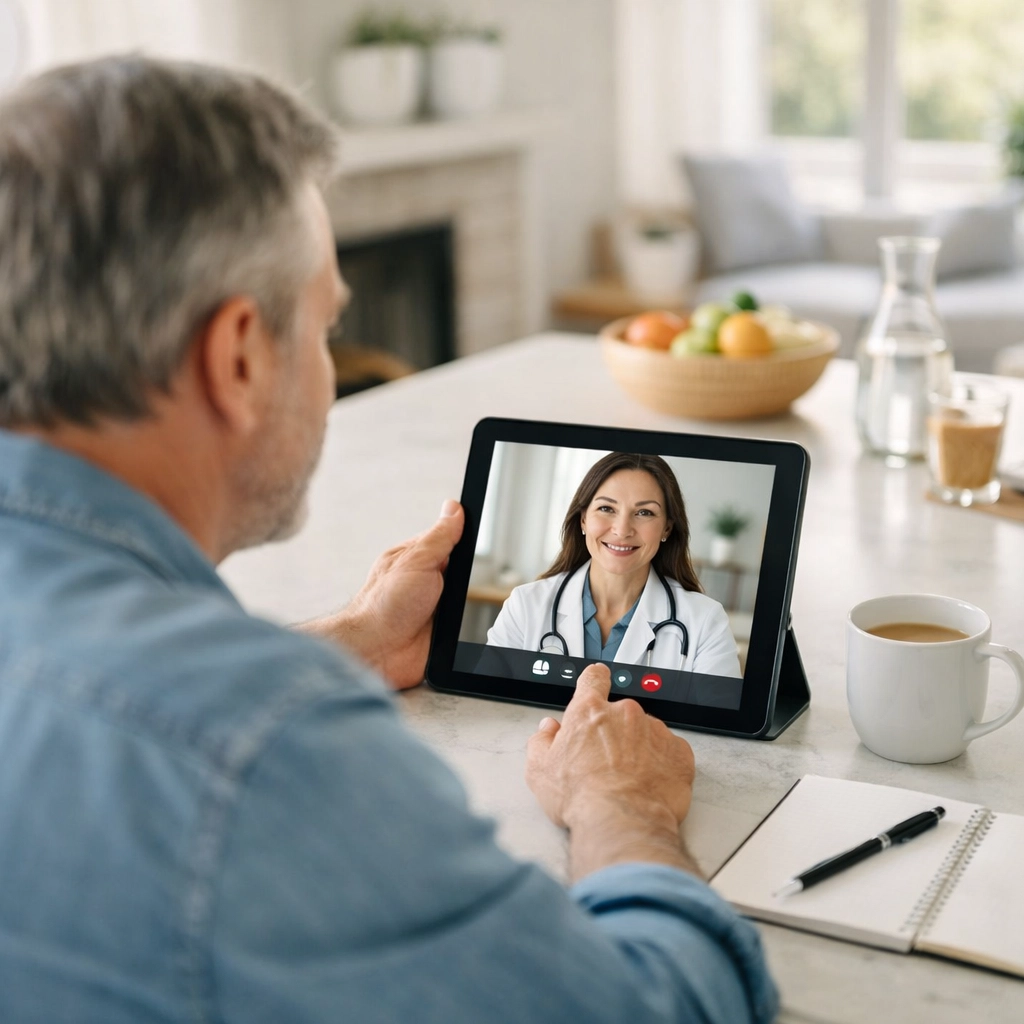 A man participating in a secure telehealth consultation with an online weight loss doctor at home.