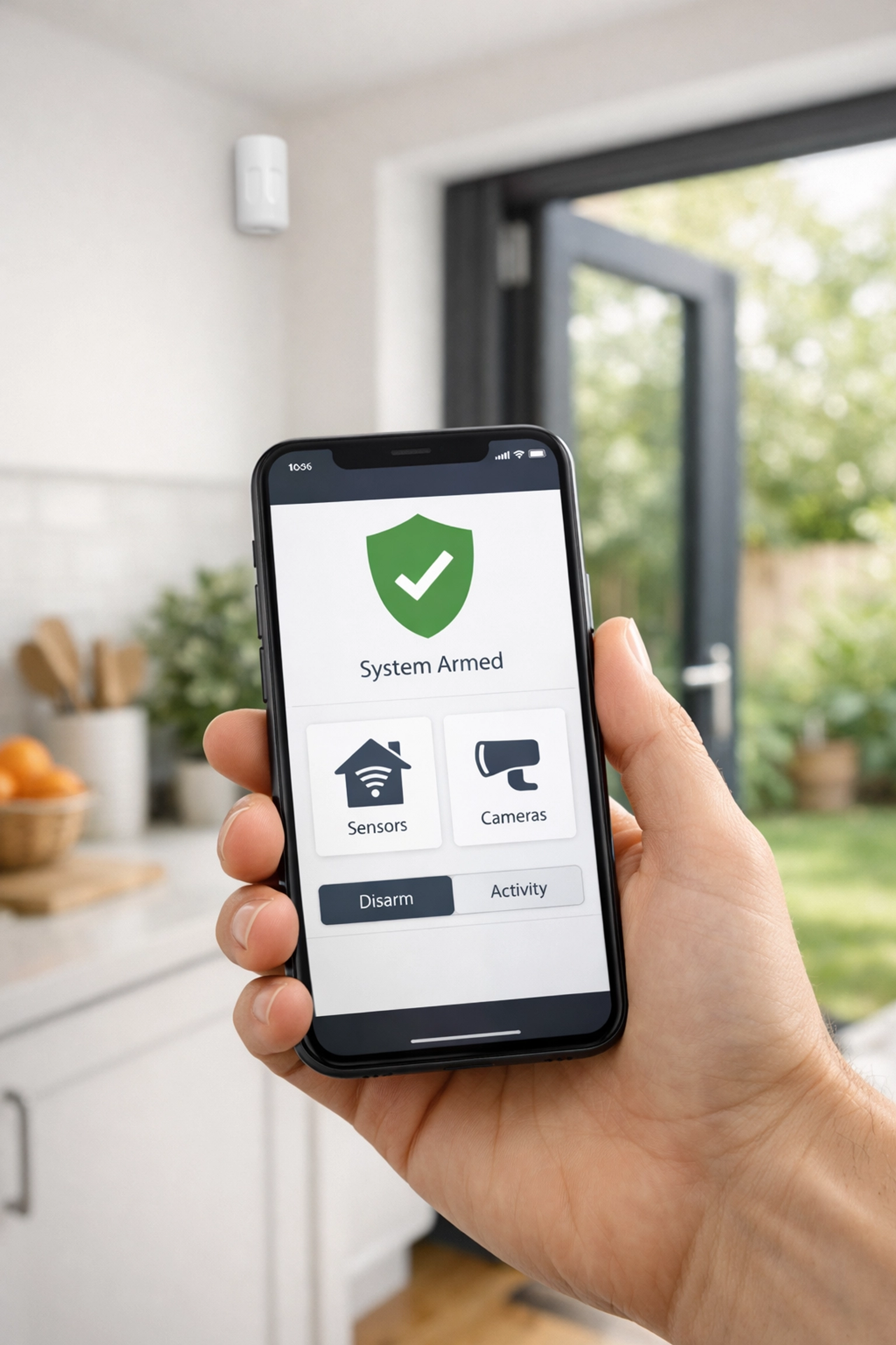 Smartphone security app and wireless motion sensor in a modern Chippenham home kitchen.