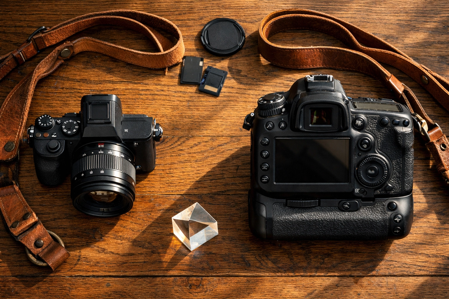 Camera comparison flat lay featuring mirrorless and DSLR bodies with professional photography gear.