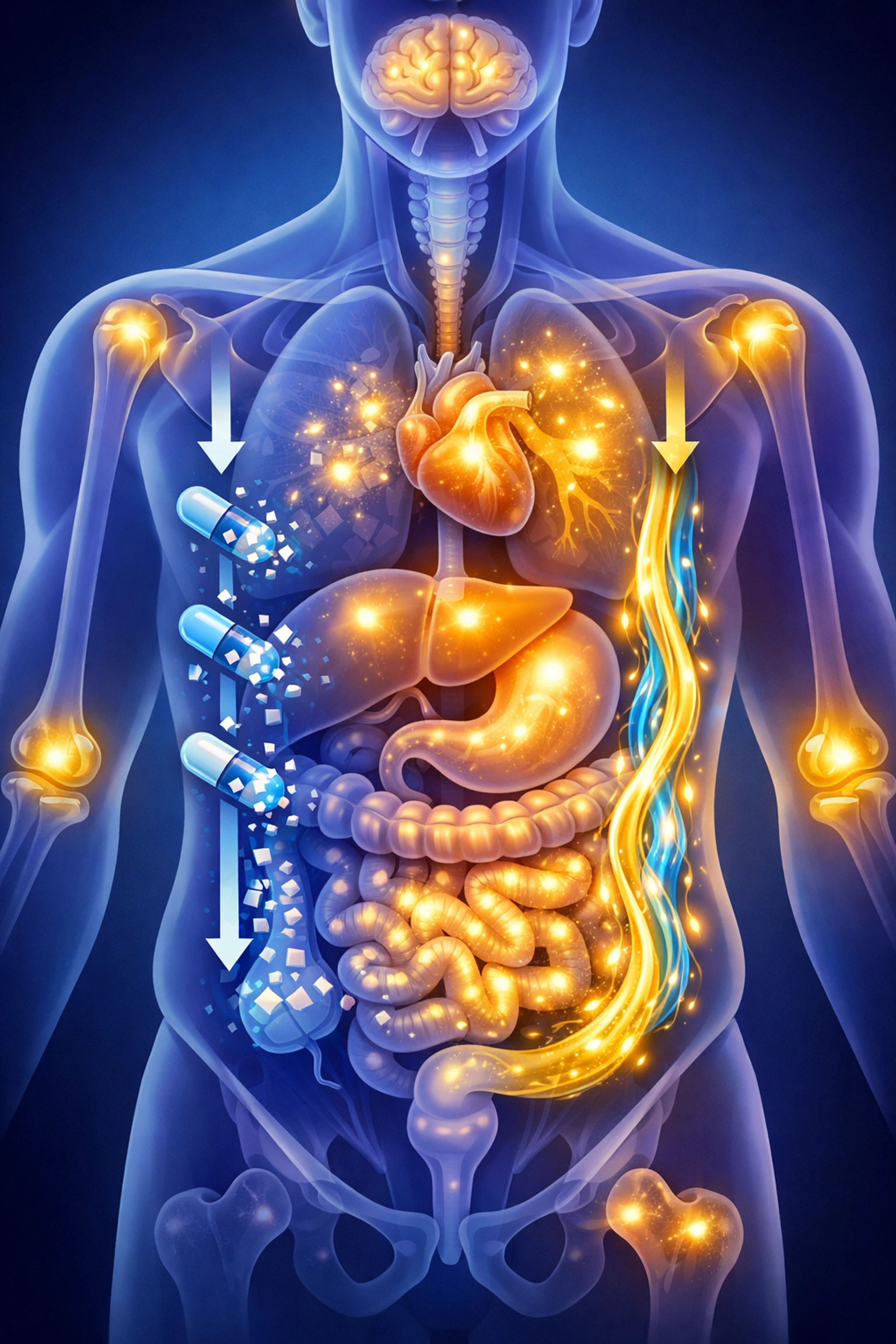 Digestive system showing mineral absorption from liquid supplements versus capsule breakdown