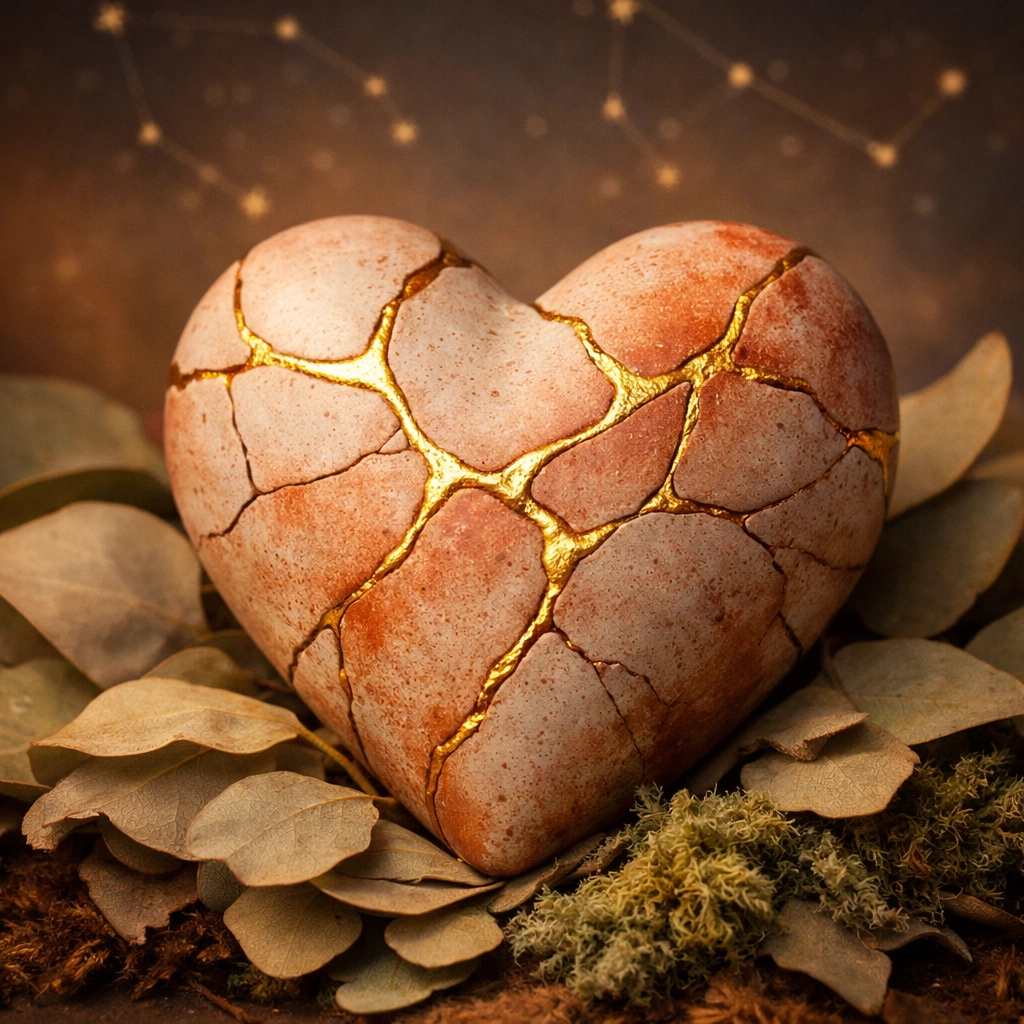 A repaired ceramic heart symbolizing the beauty of healing core wounds through Chiron astrology.
