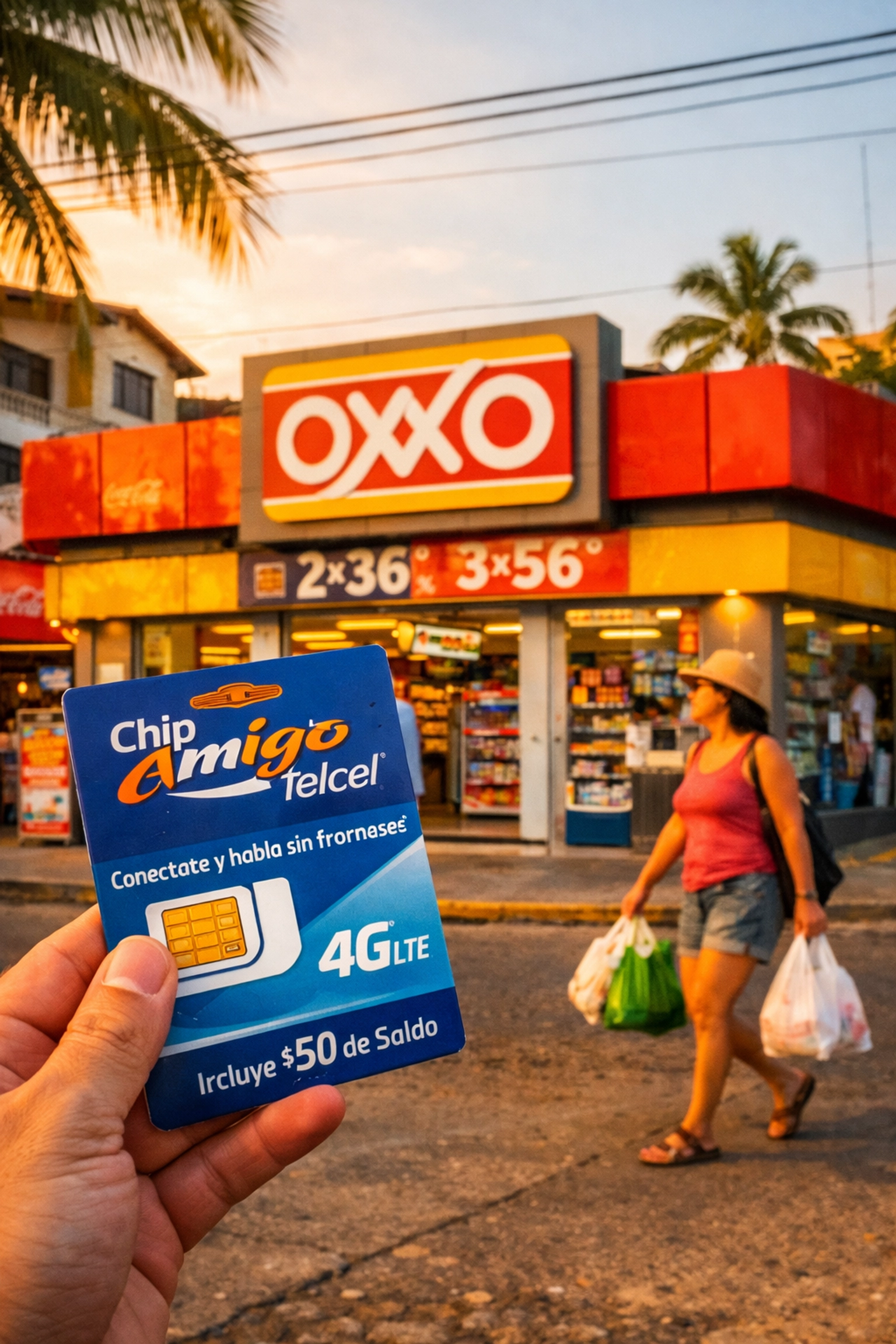 Hand holding Telcel SIM card outside Oxxo store in Puerto Vallarta for mobile backup internet