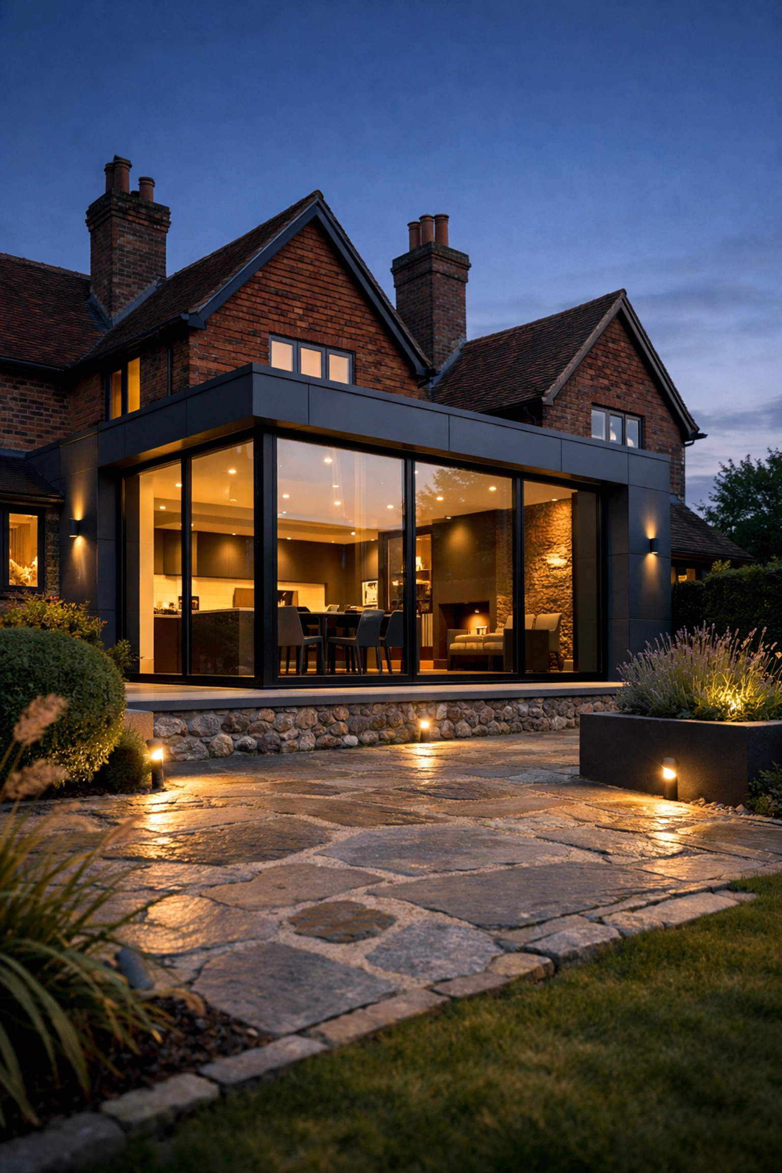 Contemporary rear extension on a traditional brick home in West Sussex featuring glass panels and patio.