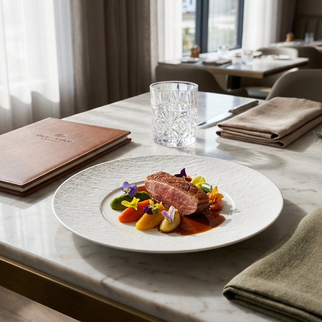 Beautifully plated dish in elegant restaurant, representing elevated guest experience and menu optimization for ROI.