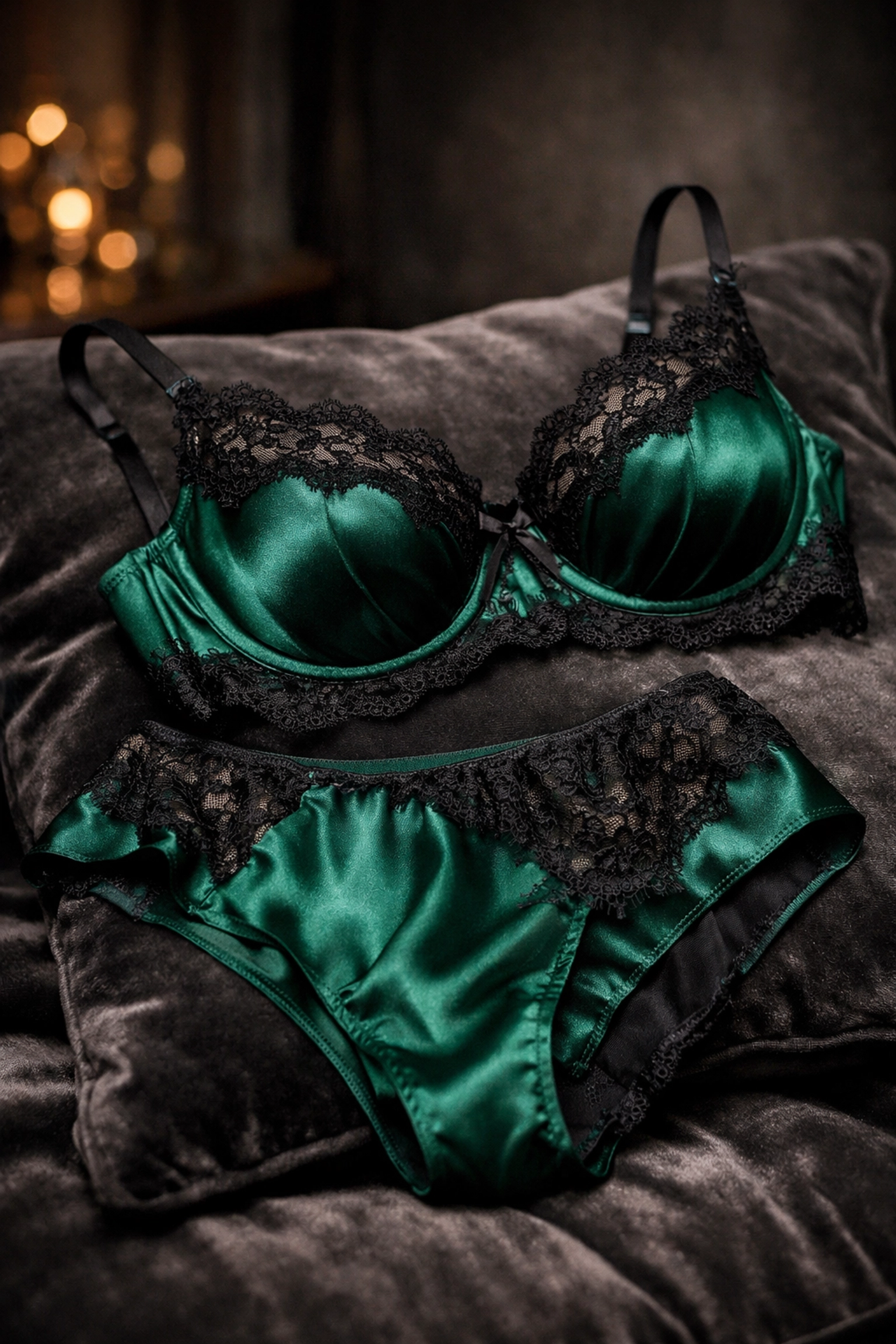 Luxurious emerald green silk and lace lingerie, an elegant first night gift idea for your wife.