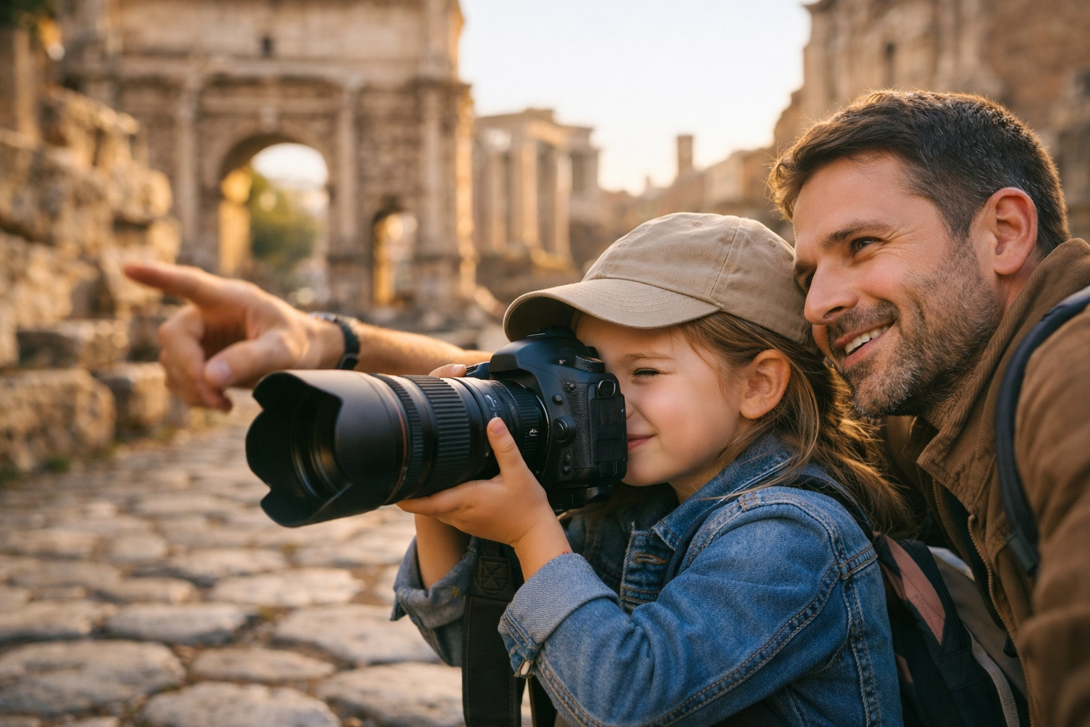 Young girl learning photography with her dad at famous historical photo spots in Rome.
