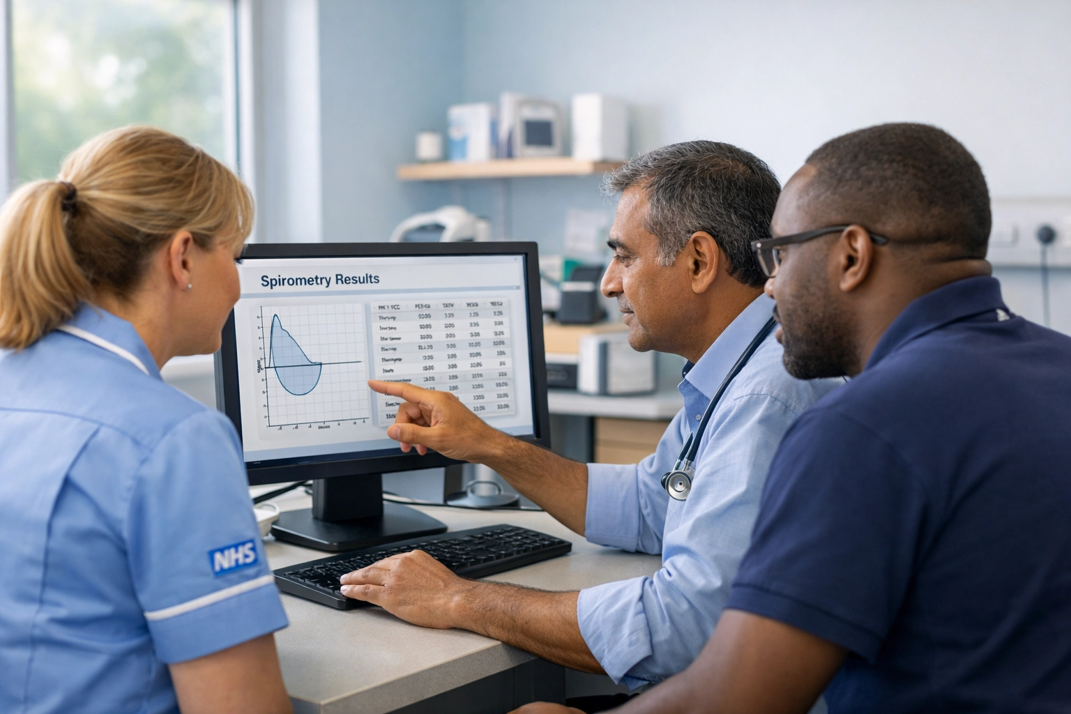 NHS healthcare team reviewing spirometry results on computer in community clinic