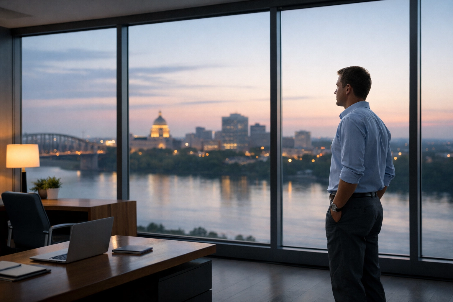 A professional employee in a modern office reflecting on a confidential business sale in Mississippi.