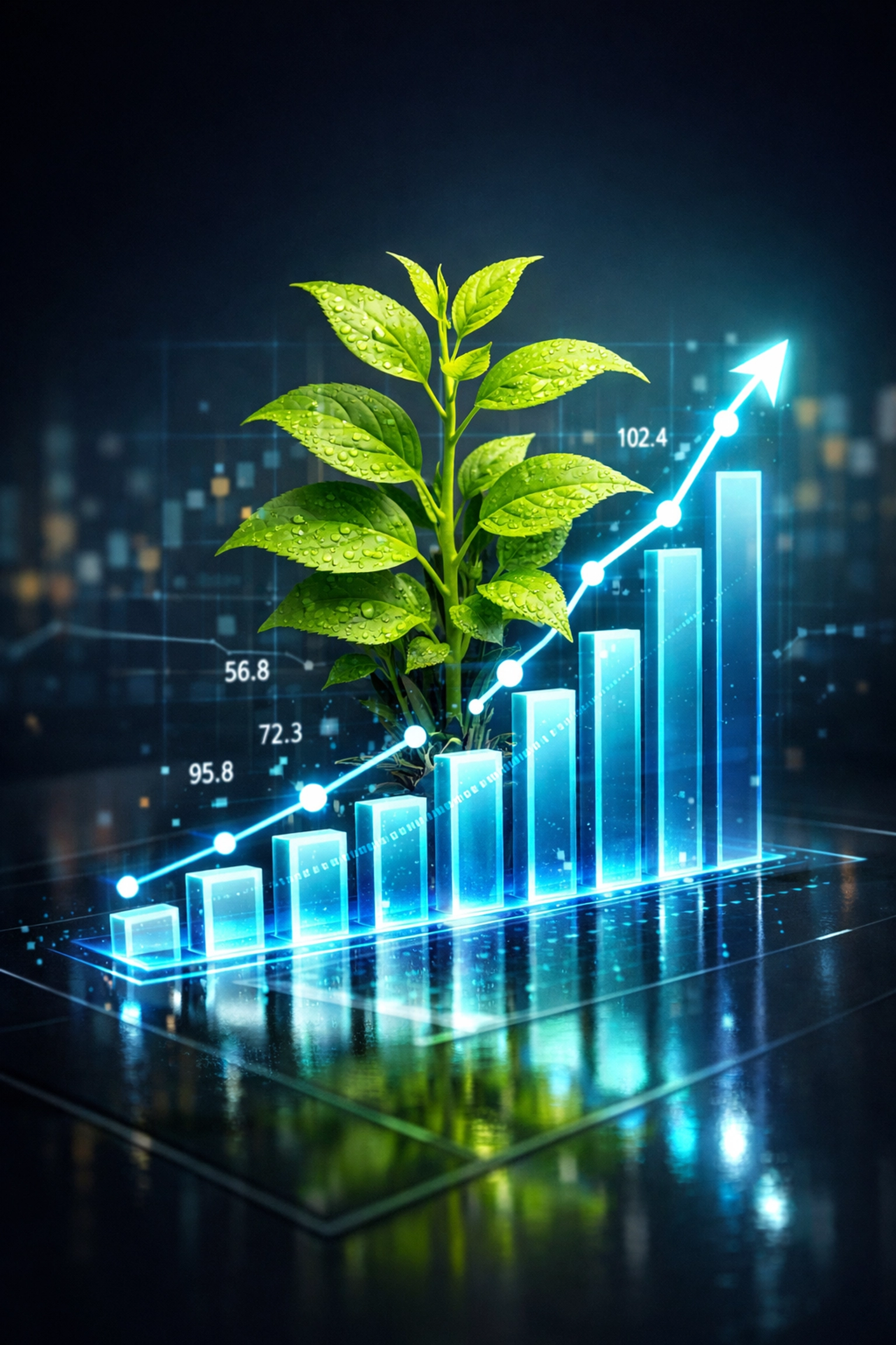 A growing plant on a rising bar chart showing business growth through SEO and conversion tracking.