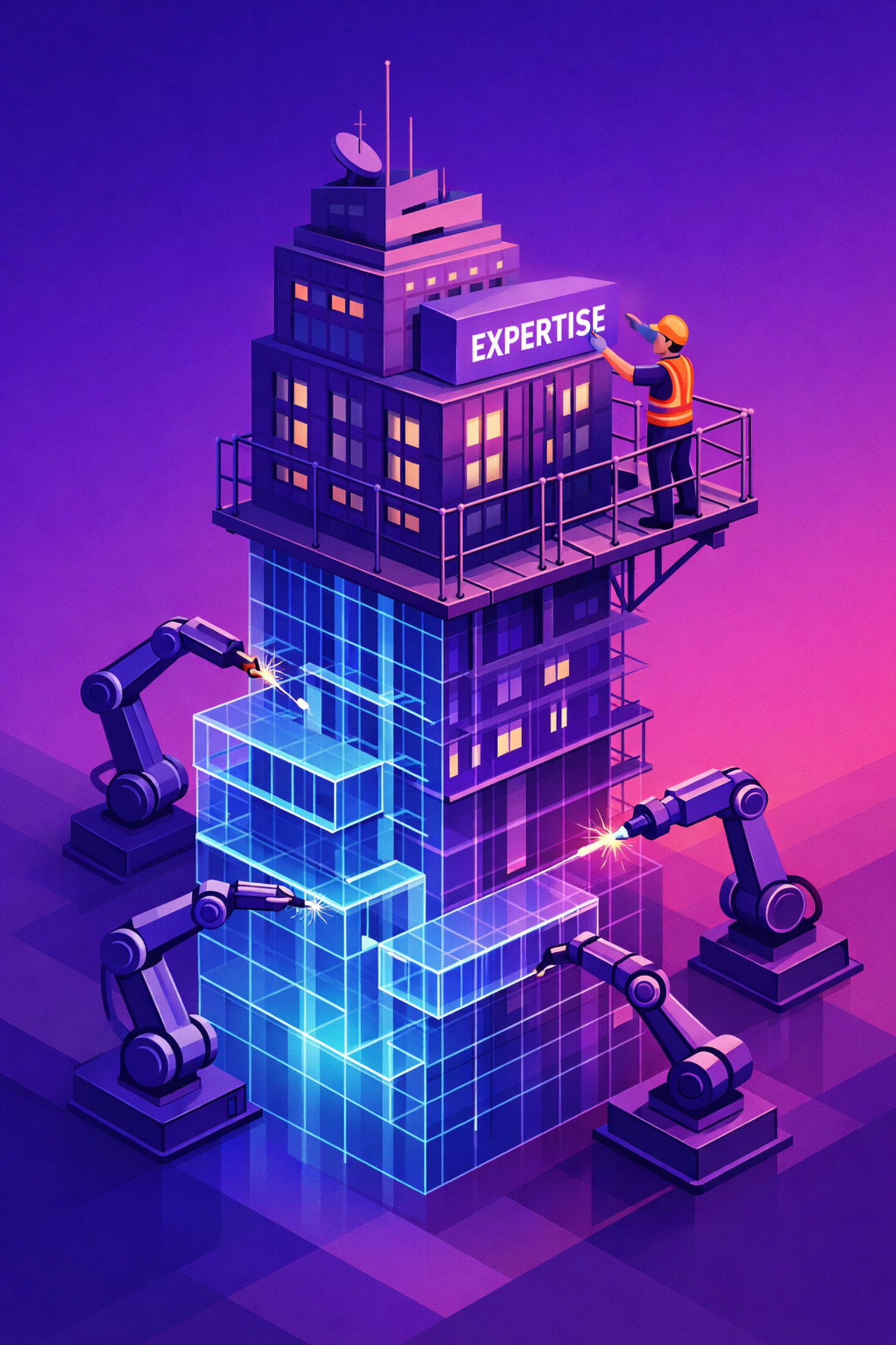 Illustration of a digital building being constructed using AI tools and human subject matter expertise.