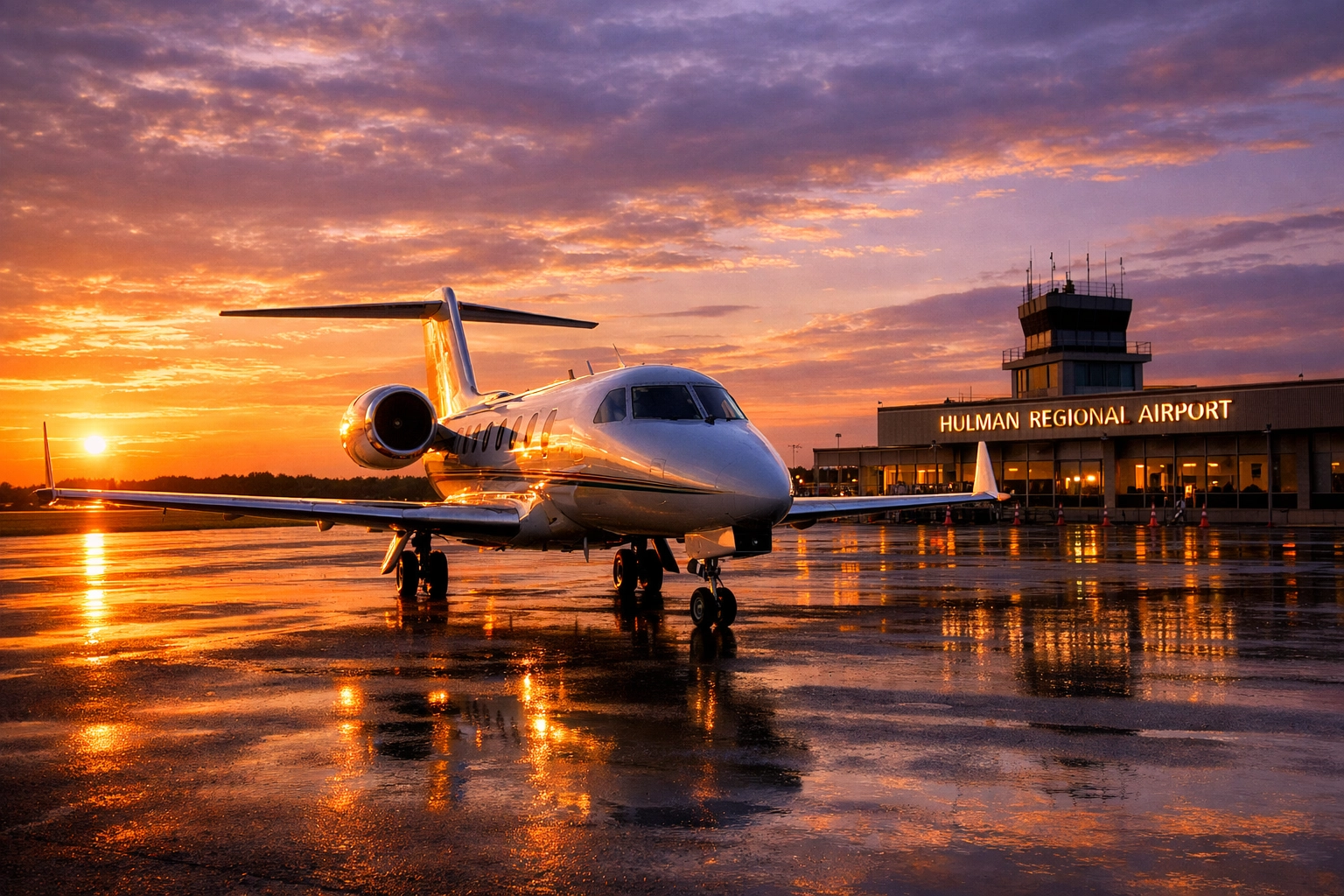 Private jet at Hulman Regional Airport for efficient travel to Terre Haute, Indiana.