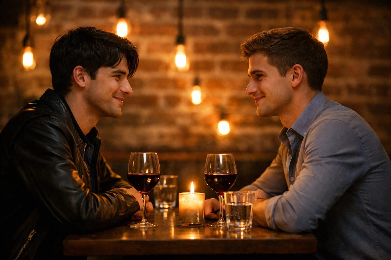 Two men on first date at restaurant, nervous smiles across candlelit table - gay romance moment