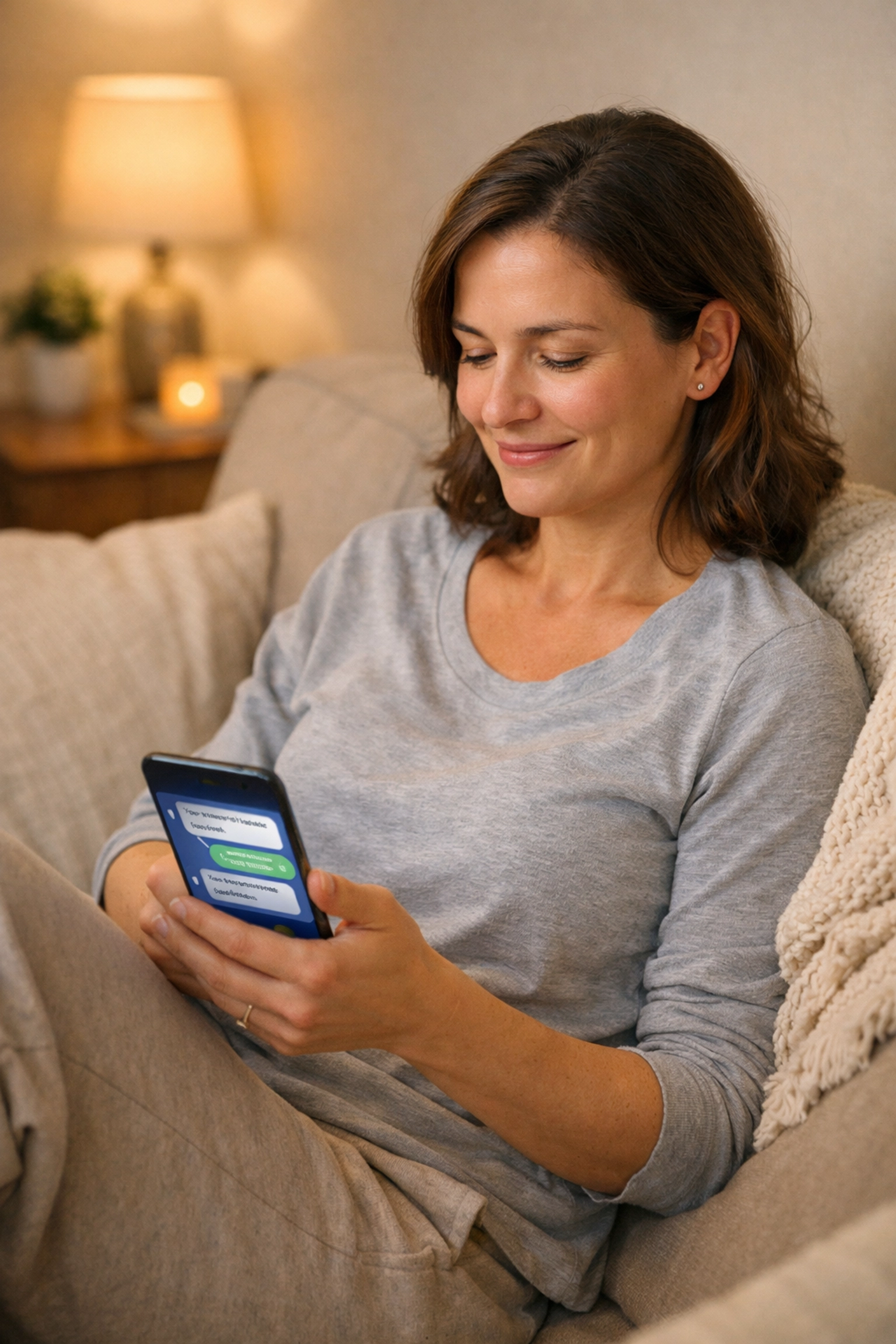 Patient using smartphone for private text-based telehealth consultation at home