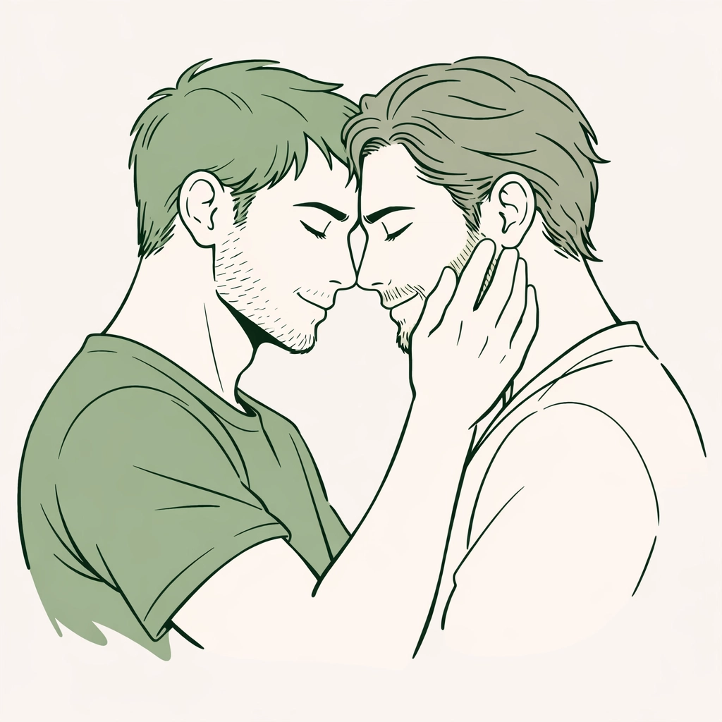 Emotional MM romance illustration of two men in a tender embrace, highlighting modern queer identity.