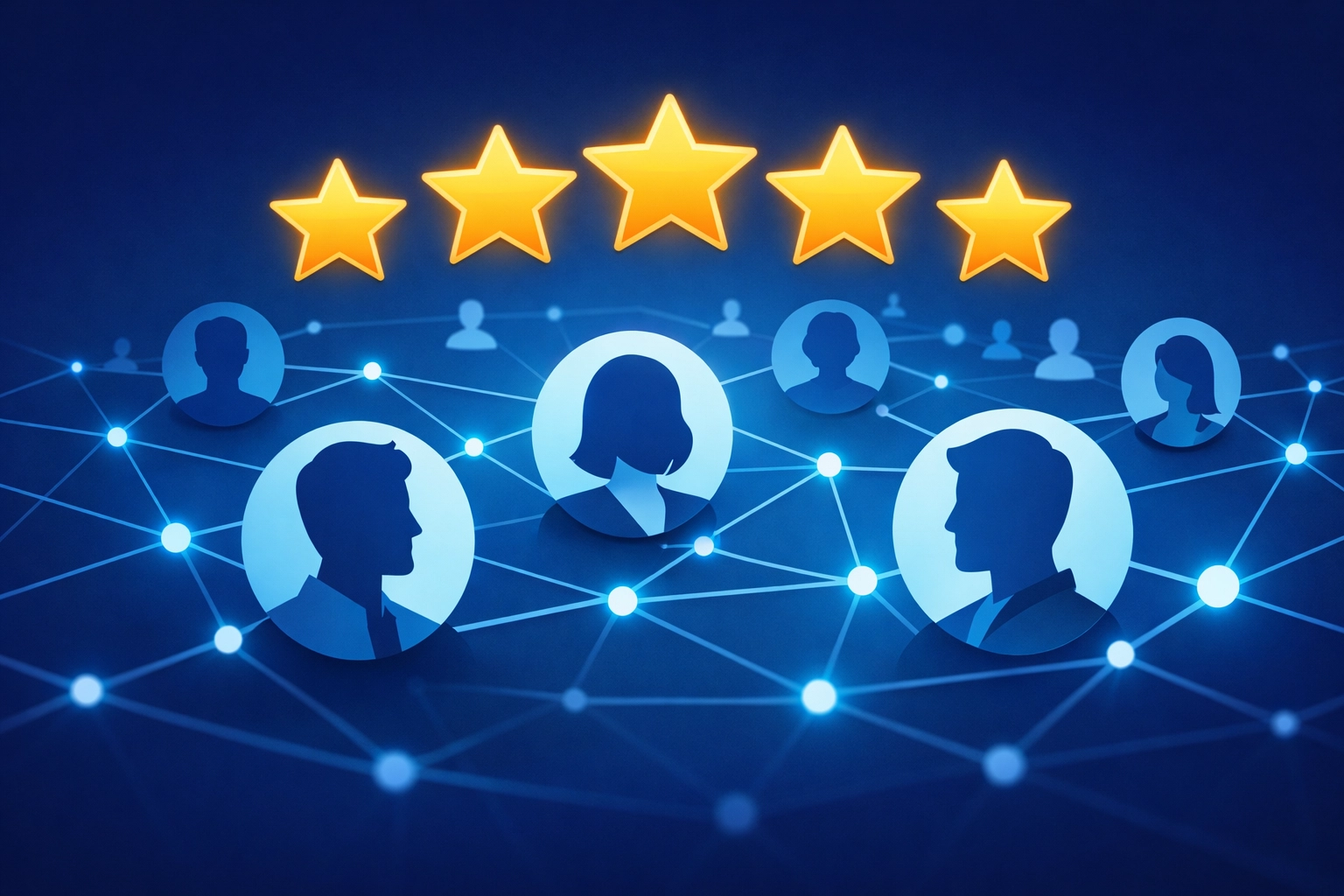 Vector illustration of customer profiles and five-star ratings representing social proof and brand trust.