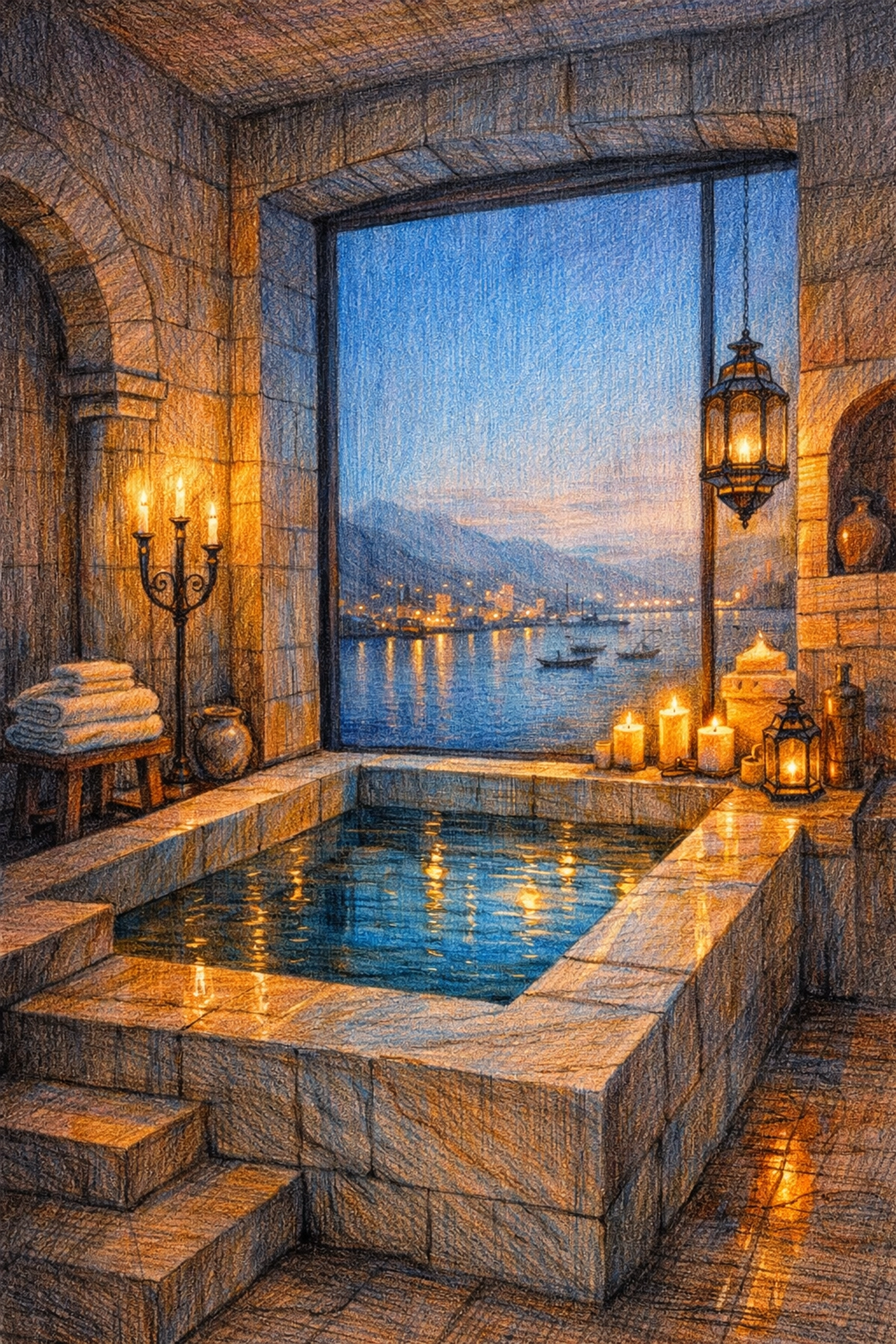Luxury hotel bathroom with a limestone soaking tub and harbor view, inspired by boutique hotel interior design.